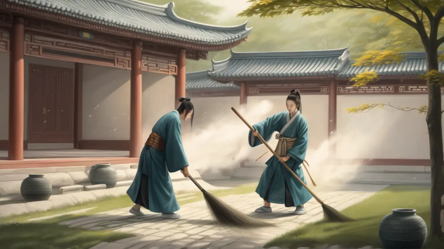 a new disciple cleaning the grounds at a wuxia sect