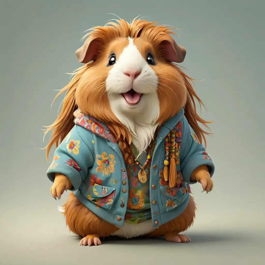a happy Guinea pig in cartoon style in full body with hippie clothes with clear background