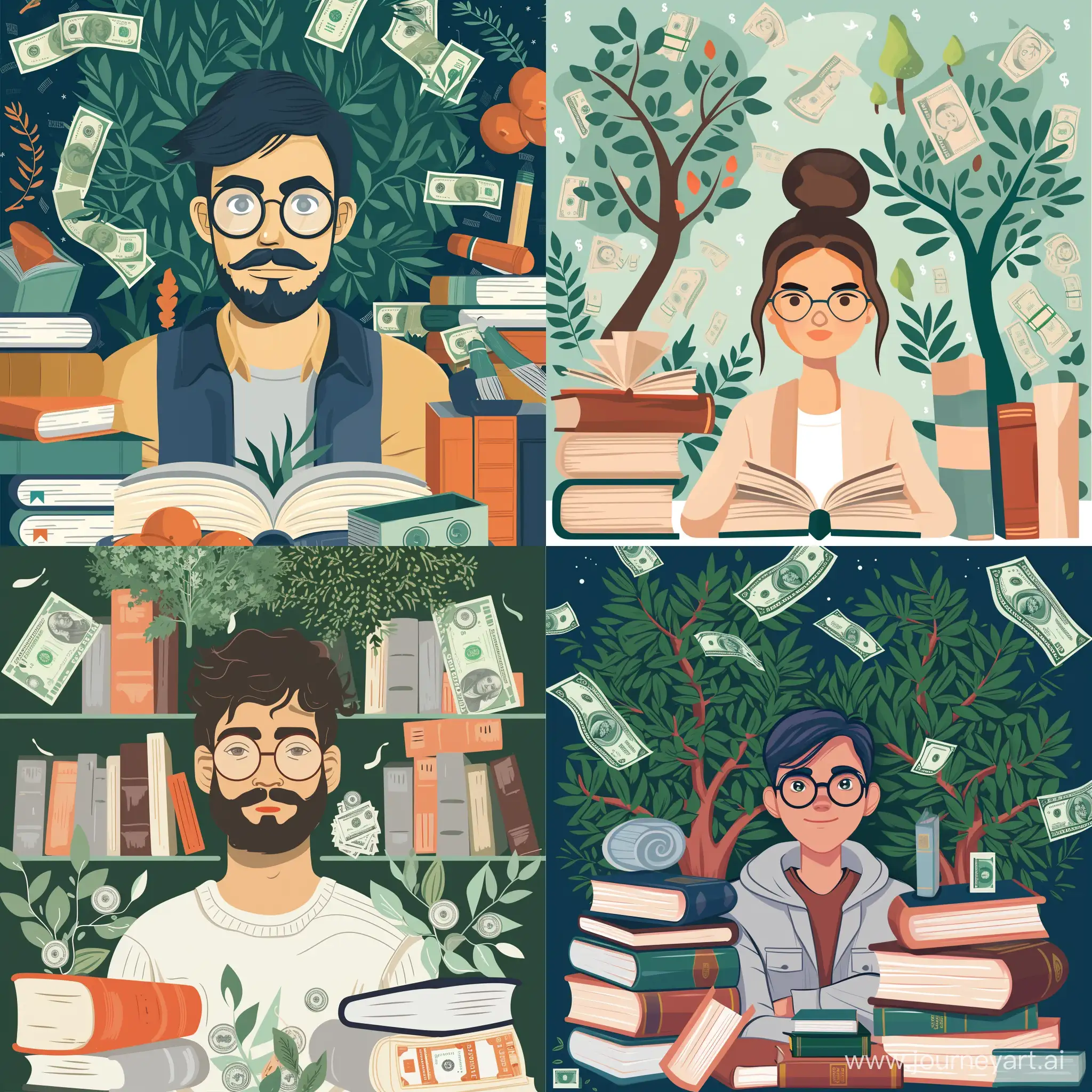 Создай аватарку для канала про саморазвитие, на фоне книги и деньги и деревья 