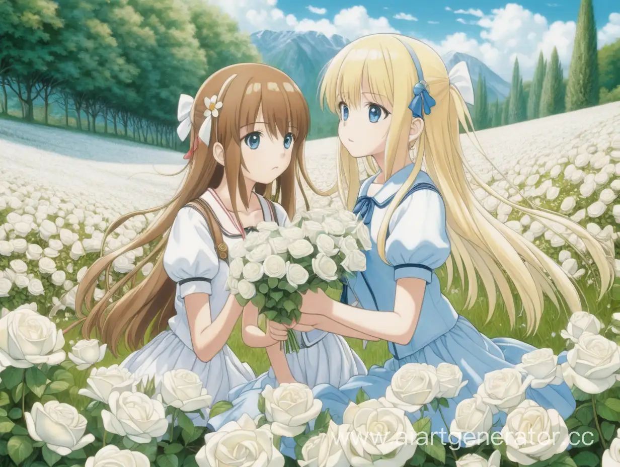 Anime-Girls-Enjoying-White-Rose-Meadow