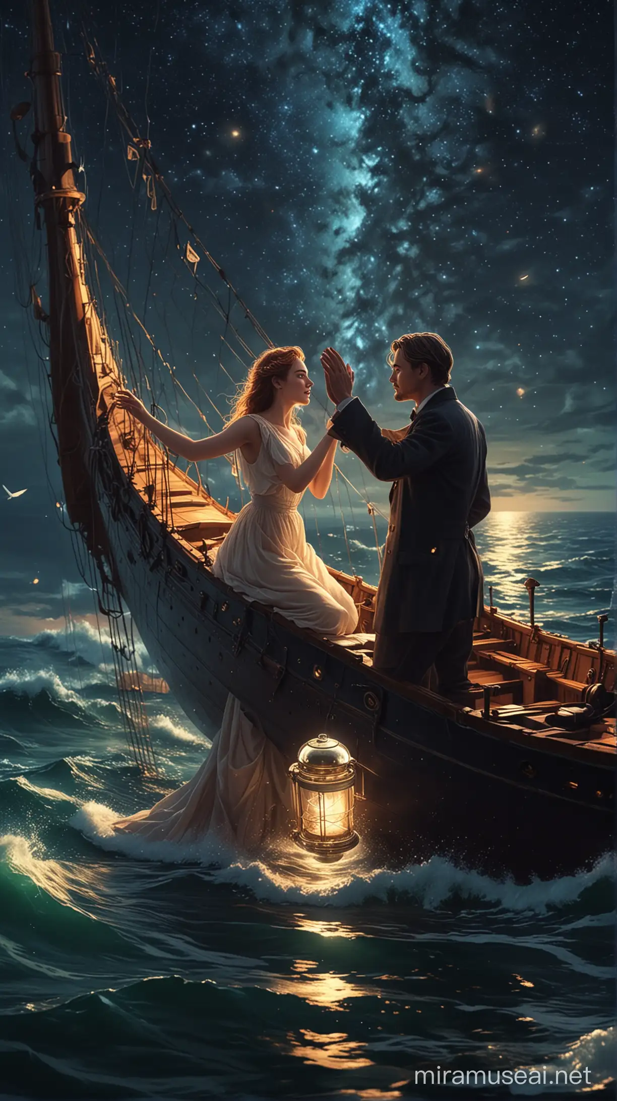"Love Under the Stars: Rose and Jack aboard the Titanic" This art poster unfolds an eternal story of love and destiny.  In the soft light of the starry sky, similar to the paintings of Van Gogh, the huge ship Titanic floats.  Rose (with Face - Kate Winslet) and Jack (with Face-Leonardo Dicaprio) stand on board the ship, hand in hand, side by side, like two bright points in the ocean of time, their gazes intertwined like stars on the canvas of the night sky.  Raising their hands to the sky, they seem to live in their own little fairy tale, despite the sorrow and danger.  Tenderness, passion, romance and tragedy merge in this picture, forcing the viewer to forget about time and plunge into the world of their love.Digital painting, low poly, soft lighting, bird's eye view, isometric style, retro aesthetic, character oriented, 4K resolution, photorealistic rendering, using Cinema 4D