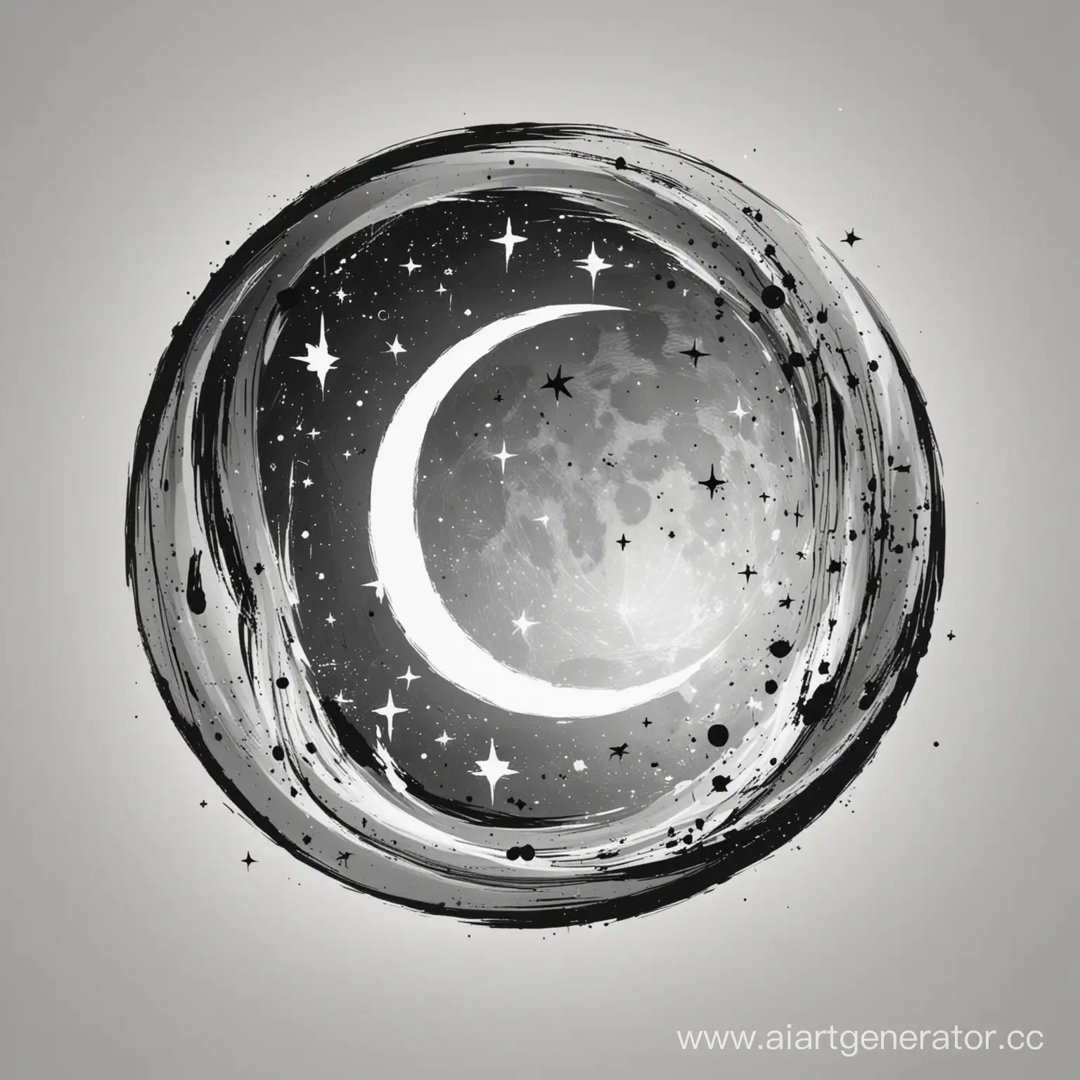 moon, abstract forms, minimalistic concise logo, black and white, full size, stars around, drawing details
