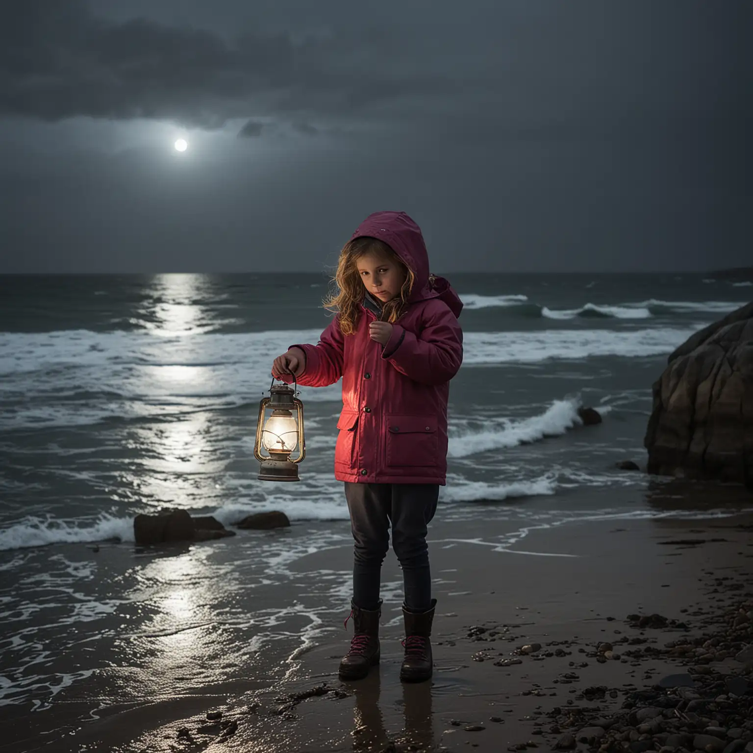 une petite fille, de 3/4 sur une côte du finistère, de nuit, avec un fanal, fait des signes à un bateau, au large, mer démontée, mauvais temps, pluie, photographie, réaliste