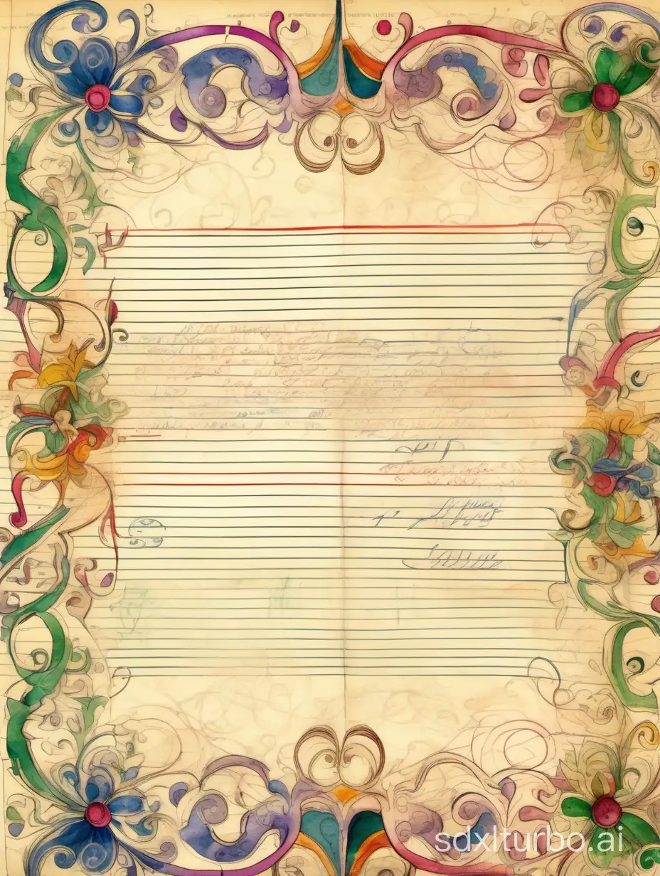 an old lined vintage ledger paper, decorated at the edges with colorful squiggles and flourishes,  richly detailed delicate and intricate drawing and watercolor painting