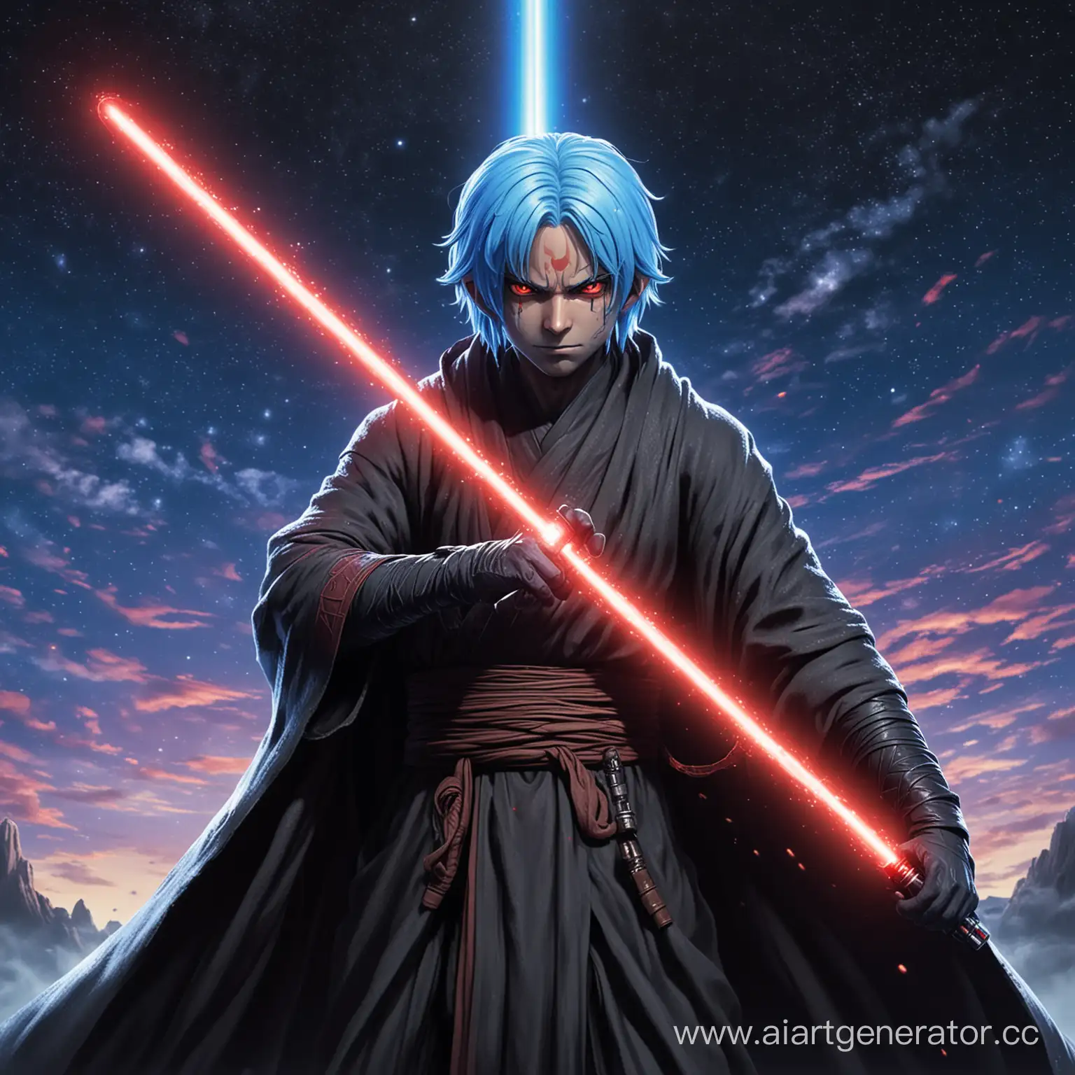 Rimuru from Tensei Shitara Slime Datta Ken, in the image of a sith from Star Wars, holds a red lightsaber, red eyes, has blue hair, space background