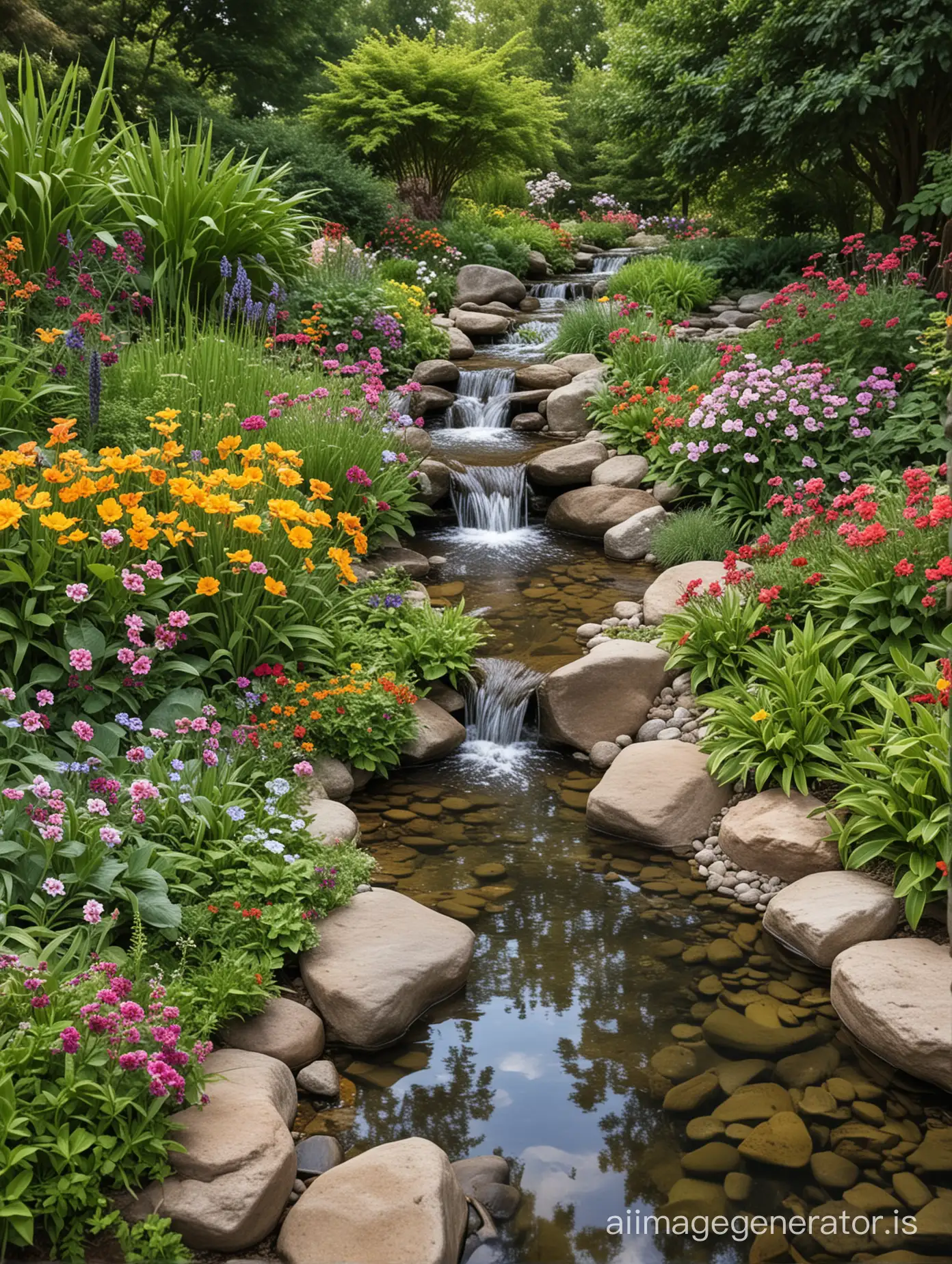 A tranquil garden setting with colorful flowers and a gentle stream flowing