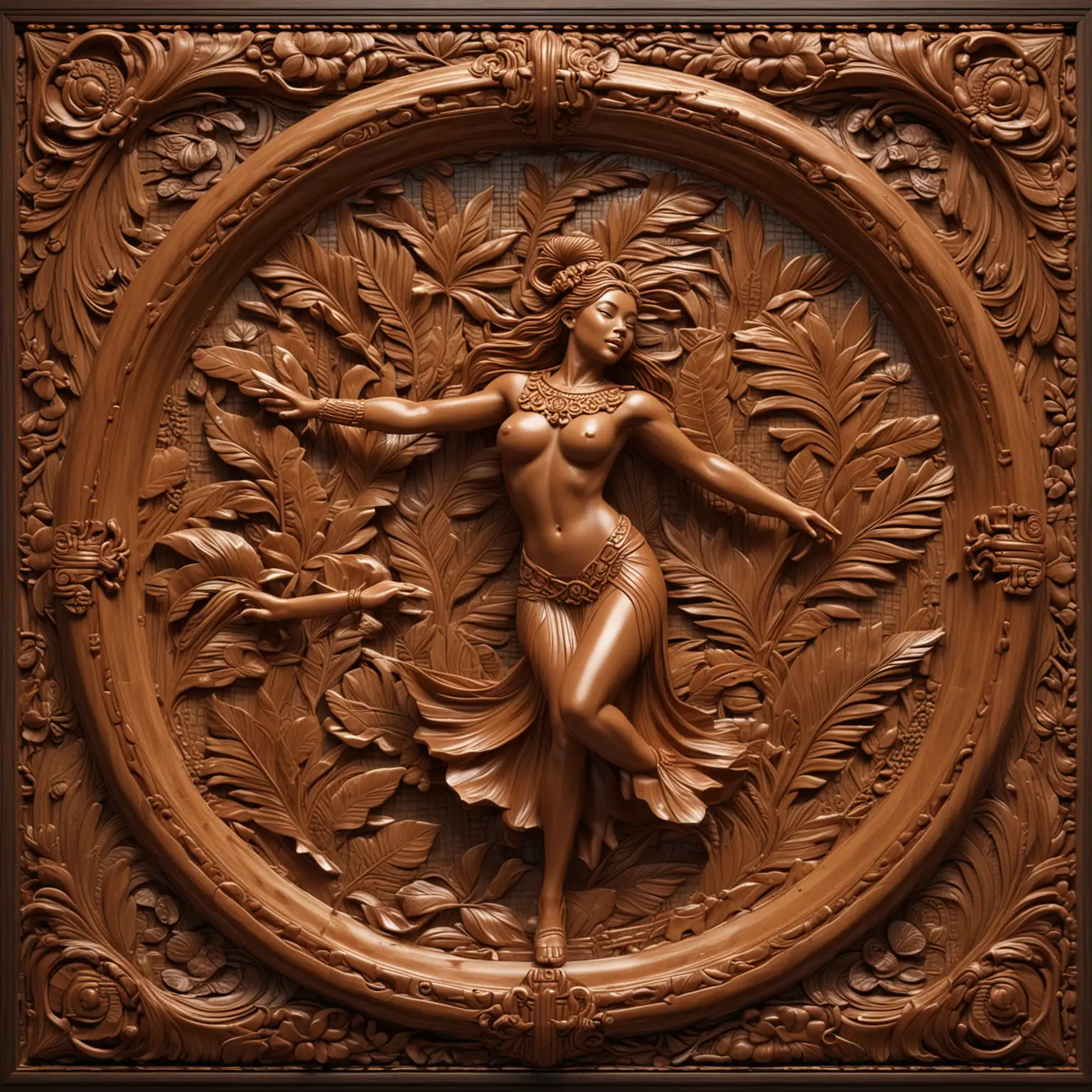 3D SEAMLESS AND TILEABLE  LACQUERED WOOD WITH A FINELY CARVED FRAMED SURROUND FEATURING A CARVED WOOD HAWAIIAN DANCER





