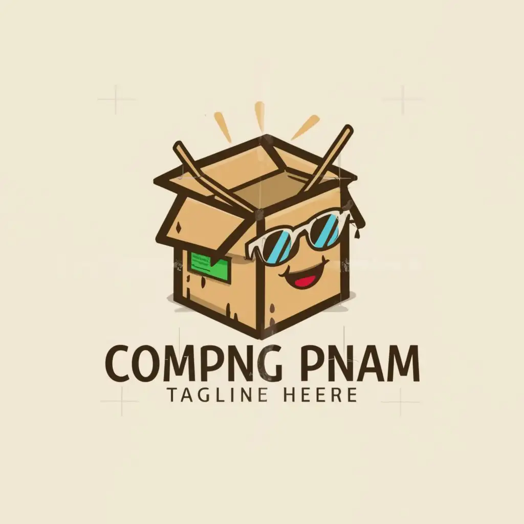a logo design,with the text "'", main symbol:A big, simple, cool and atractive shipping cardboard box with a face with sunglasses on.,Moderate,clear background