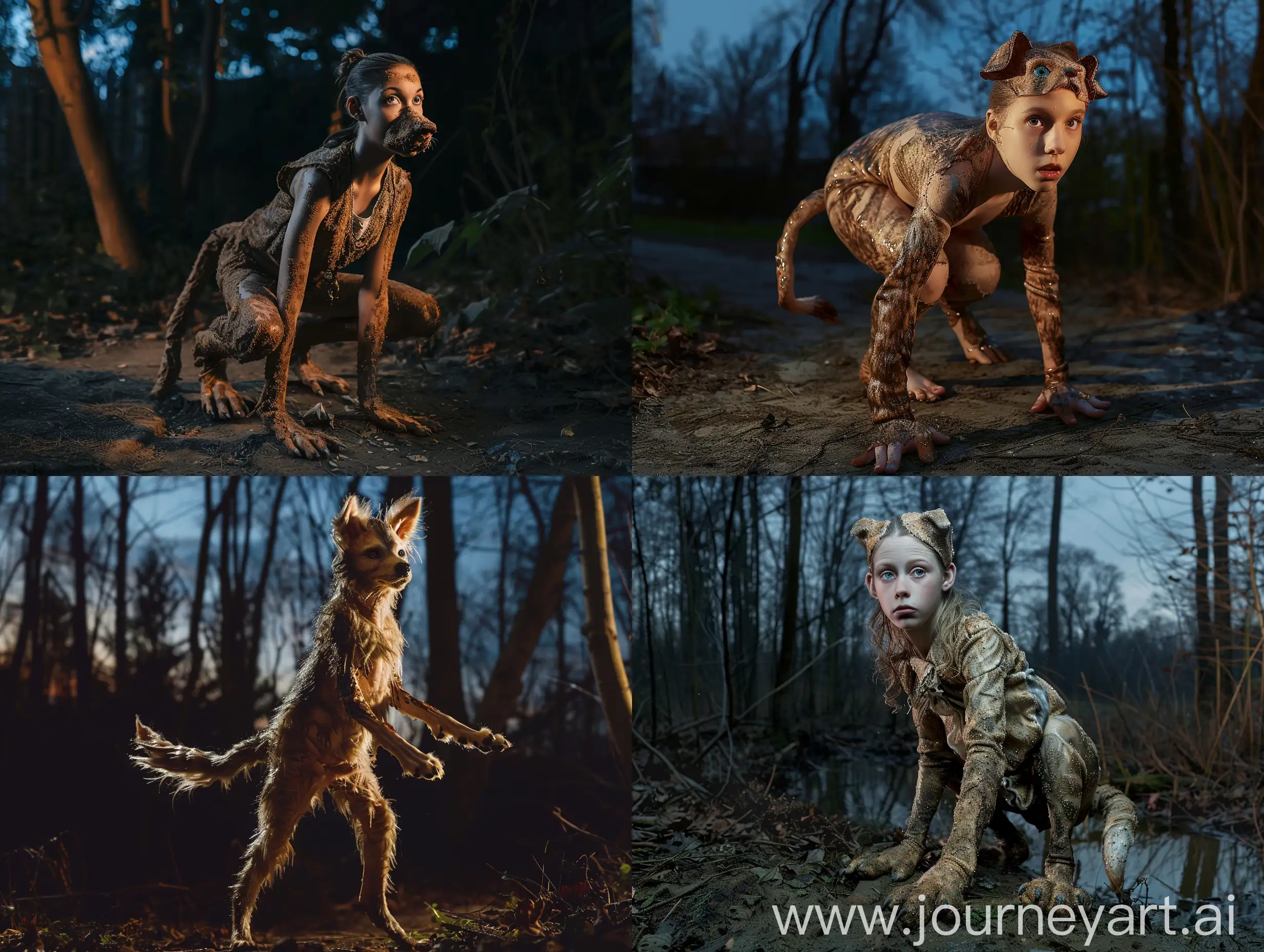 A young woman who has been transformed into a dog. She has a paws, a tail, and a snout. She is standing on all fours in a forest at night. Realistic photograph, full body picture