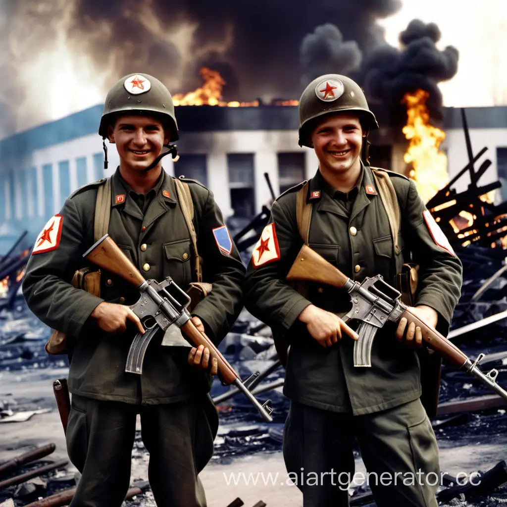 American-Soldiers-Smiling-at-Burning-Soviet-School