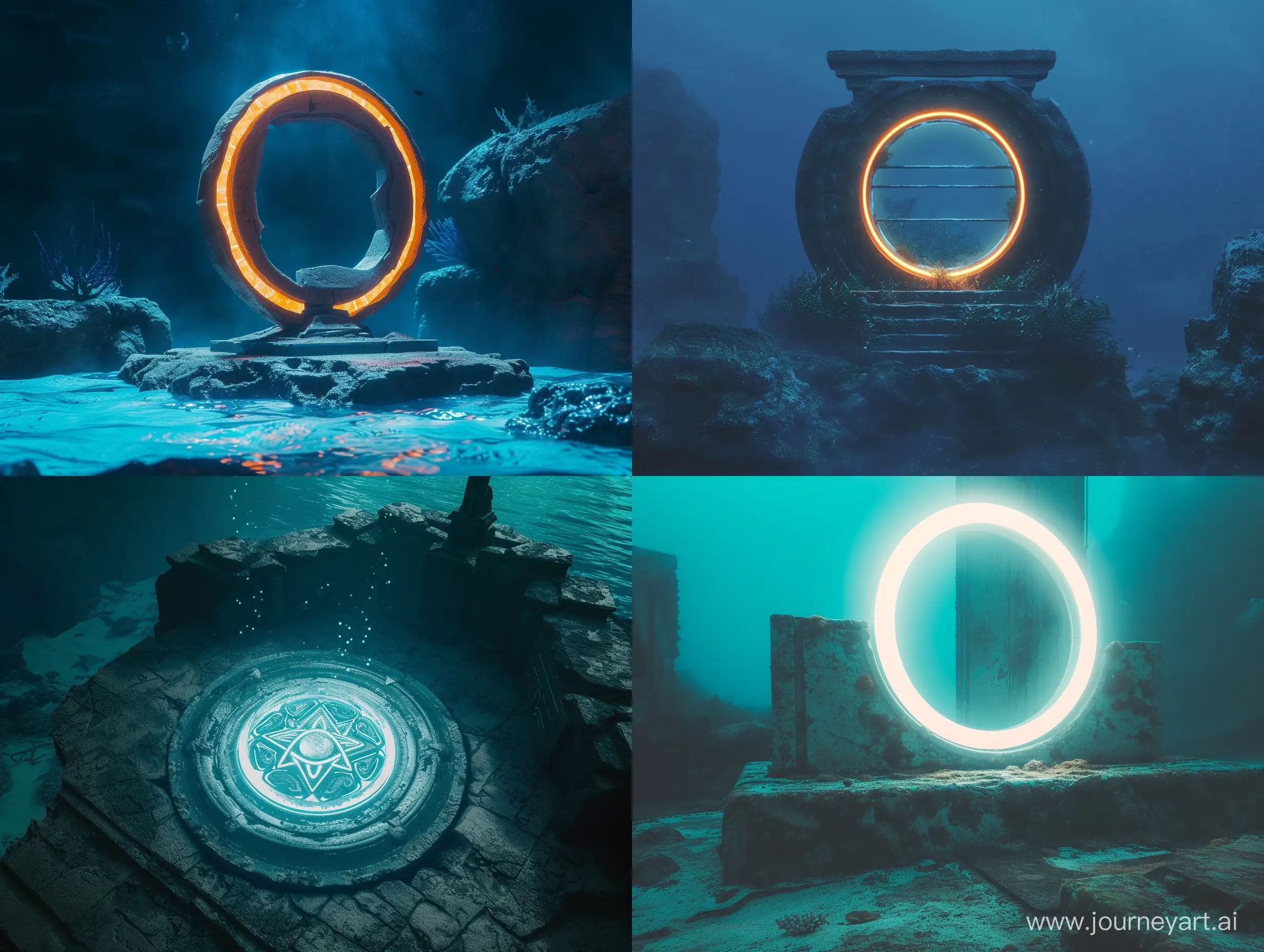 светящийся круглый логотип, монумент под водой