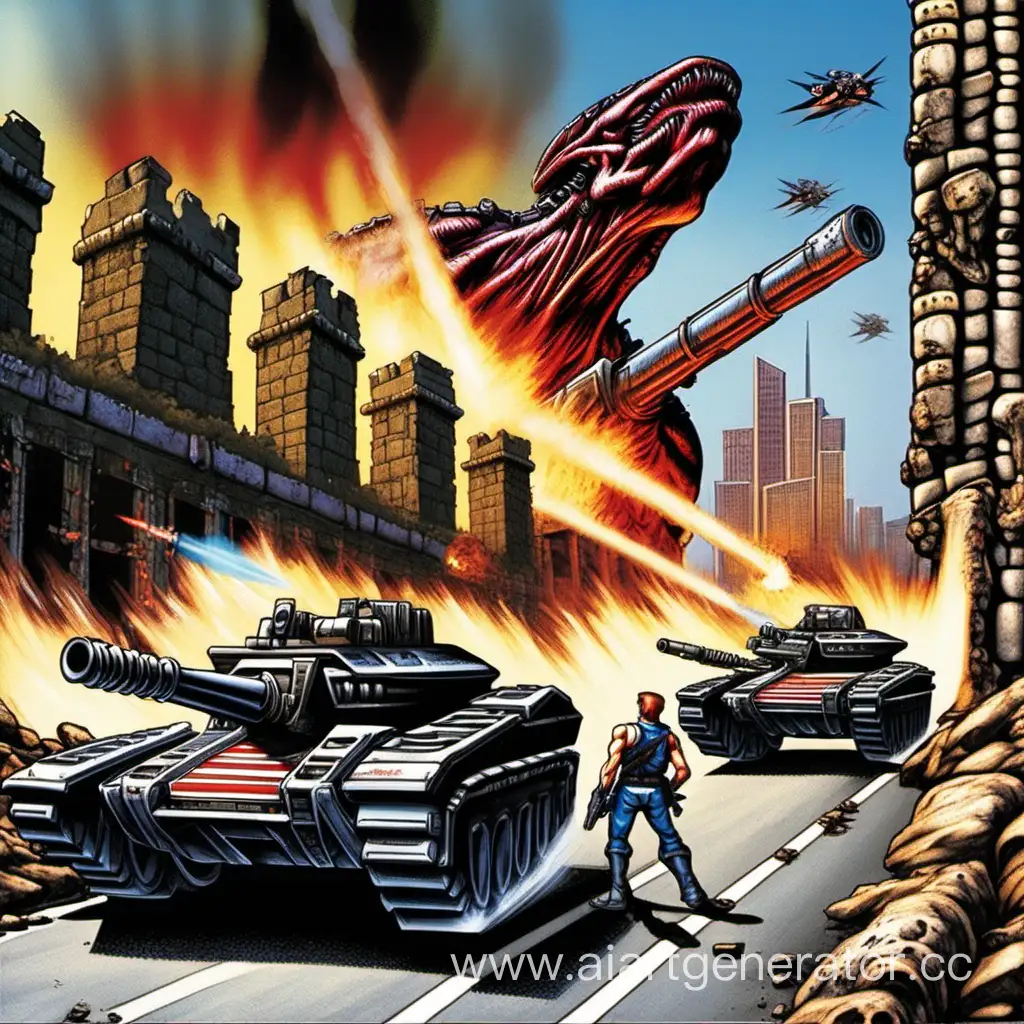 
Contra: The Alien Wars.
Билл и Лэнс стоит на дороге и стреляют в стену врага из которой торчат четыре пушки из неё стреляет в главных героев. На фоне руины города.