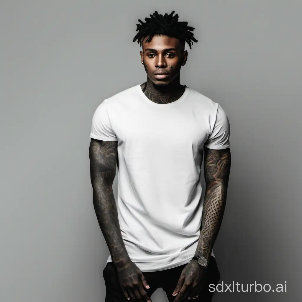 black male model with tattoos standing with white regular tee with grey background