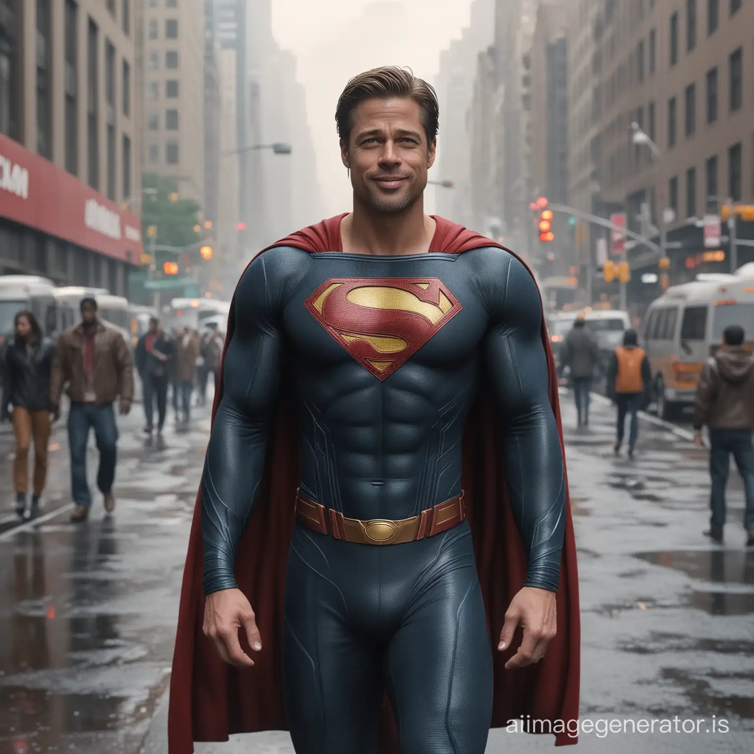 Brad Pitt, Superman suit, no mask, smiling, semi-full body, photorealistic, 18K, hyper-detailed, foggy New York street background