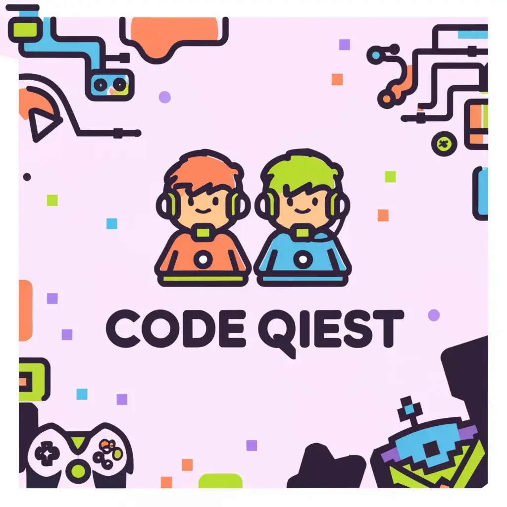 a logo design,with the text 'Code Quest', main symbol:gamers and people doing code. involved some programming design like programming languages logo ,Moderate,be used in programming and gaming industry,clear background