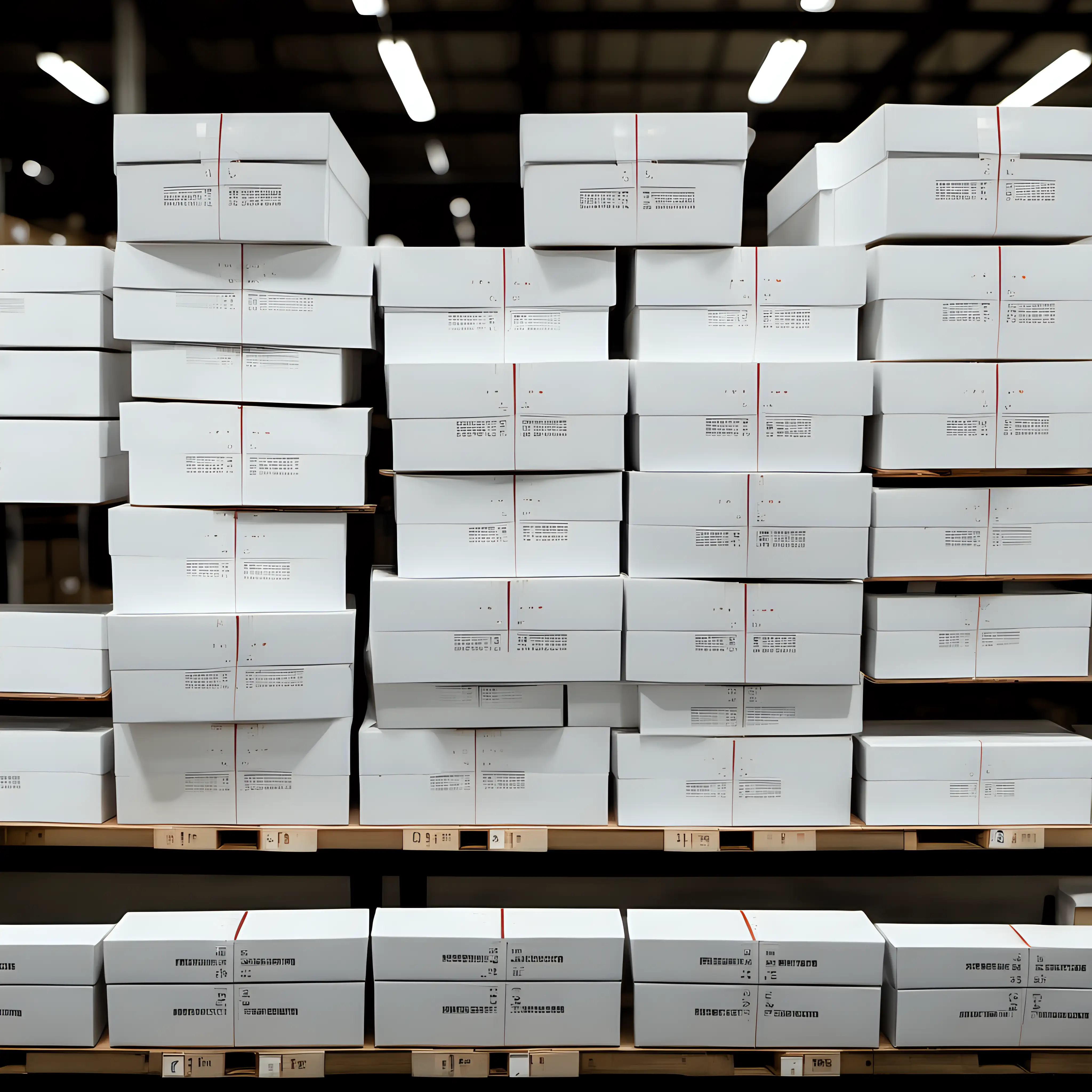 fifteen white rectangular cartons::3 on warehouse shelf::3 and table::2 with riflescope infront view