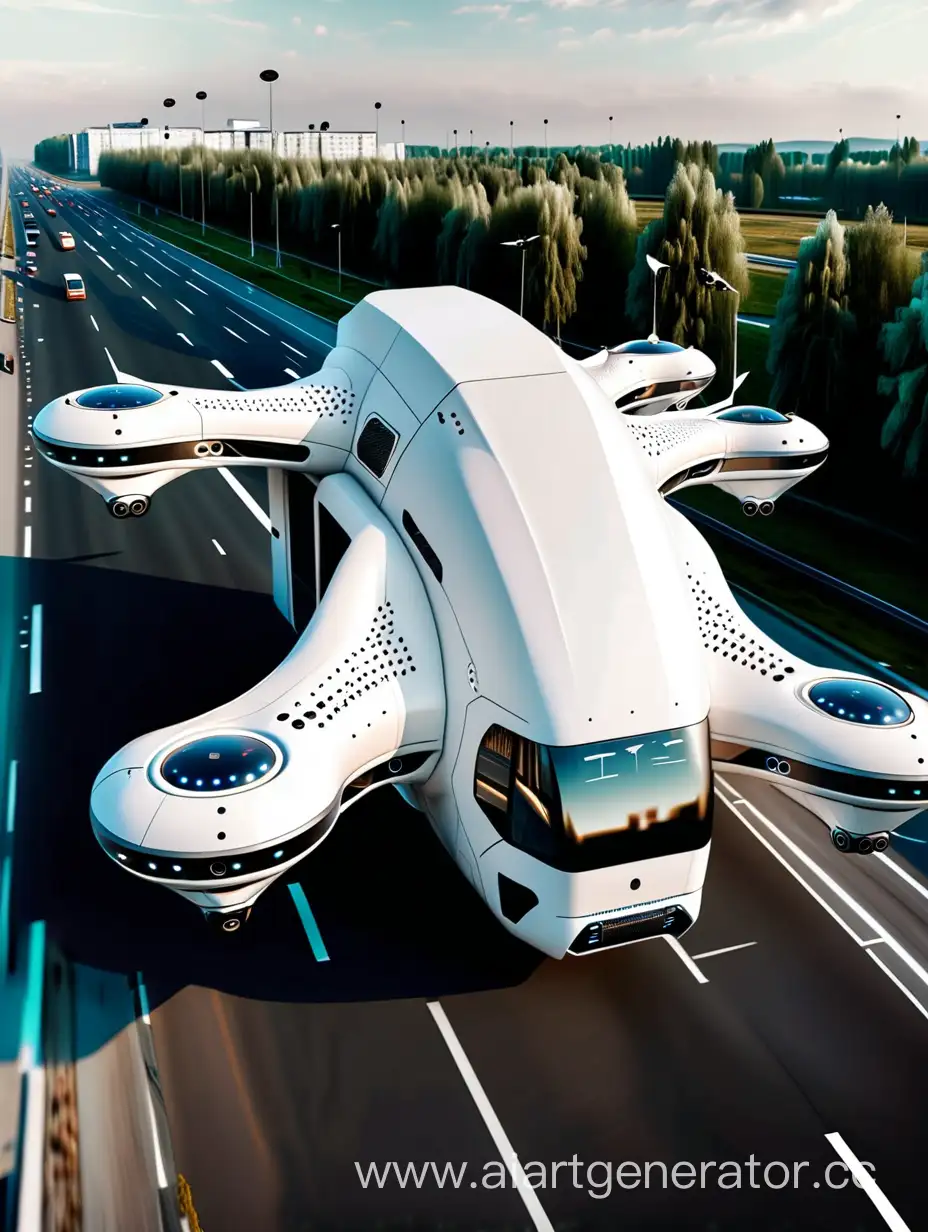 Futuristic-White-Passenger-Drone-Bus-Soaring-in-Flight