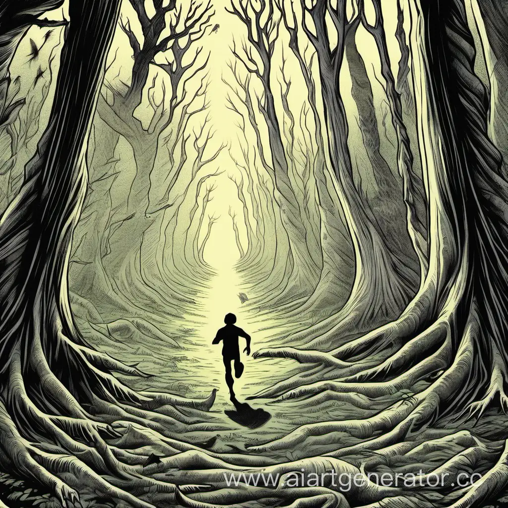 Человек убегает в лесу от существа которое вылезло из под земли