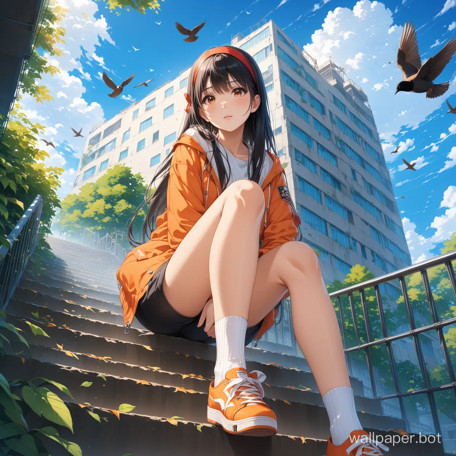 ultra-detailed,(best quality),((masterpiece)),(highres),original,extremely detailed 8K wallpaper,(an extremely delicate and beautiful), anime,  BREAK 1girl,solo,  long hair,black hair, orange jacket, orange shoes,long sleeves, red headband,white socks, pump rope,bangs, outdoors, sitting, looking at viewer, sky,clouds,cloudy sky, blue sky,bird, daytime,building,leaves,stairs,from_below,wide_shot,
