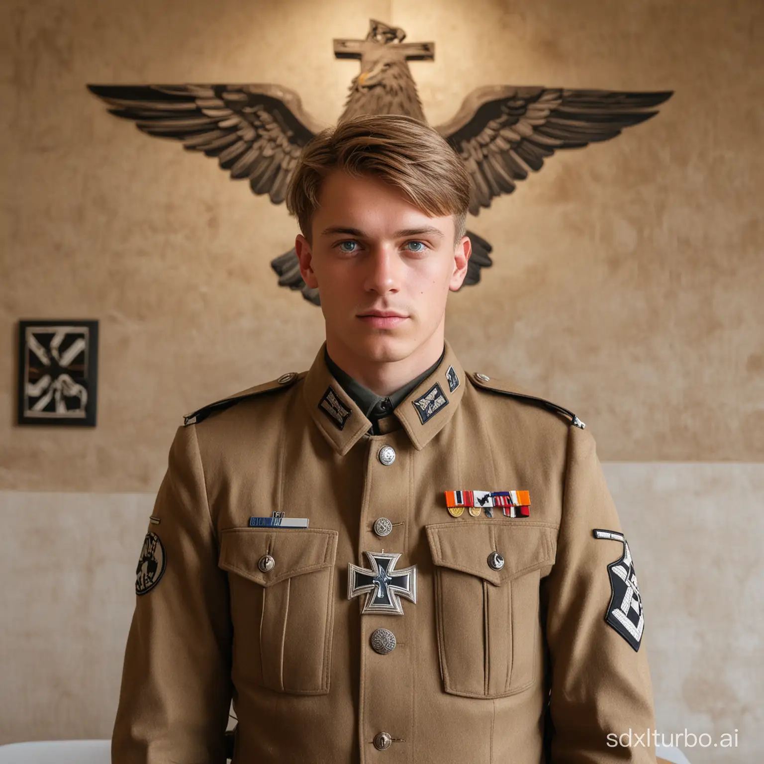 A young military man with blue eyes, light brown hair, in a German military uniform, with a symbol of an eagle and an iron cross, with his cap in his hand, with his hair visible, in a large meeting room with a huge symbol of a stone eagle