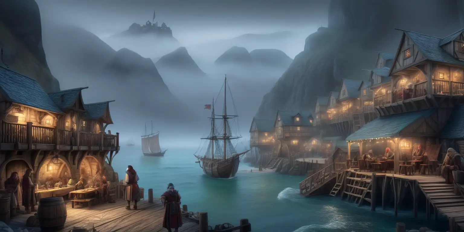 Mystical Seaside Shanty Town Bustling Medieval Setting with Smuggling Ships