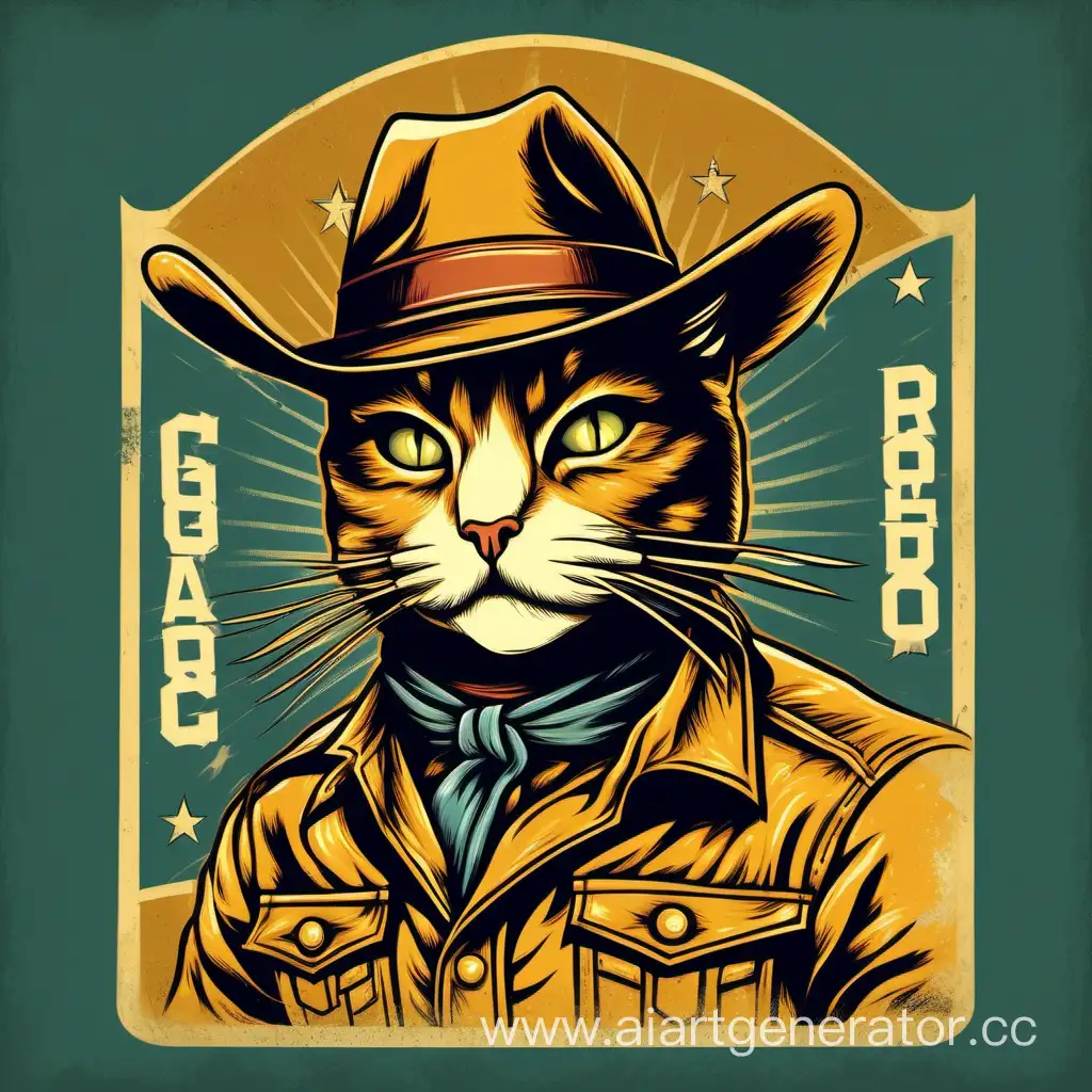 Generate a T-shirt graphic that transports viewers to the golden age of cinema, featuring a cat as a skilled rodeo cowboy. Imagine the cat in stylish cowboy attire, engaging in thrilling rodeo activities. Infuse the design with a sense of action and adventure, using muted colors and detailed illustrations to achieve a vintage movie poster look