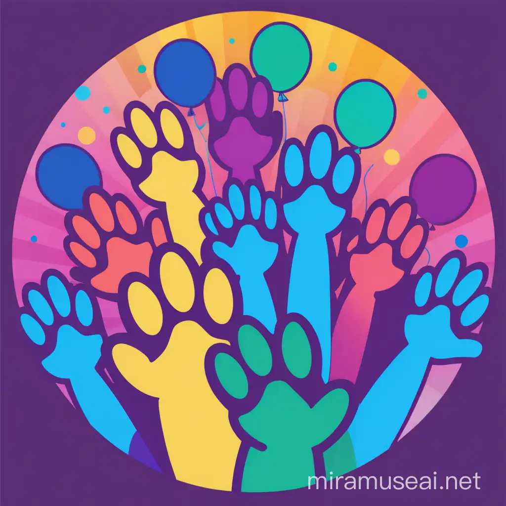 create a vector logo of a party with paws in the air, keep it simple and only show paws with a disco background. circle logo. simple. no text. 
