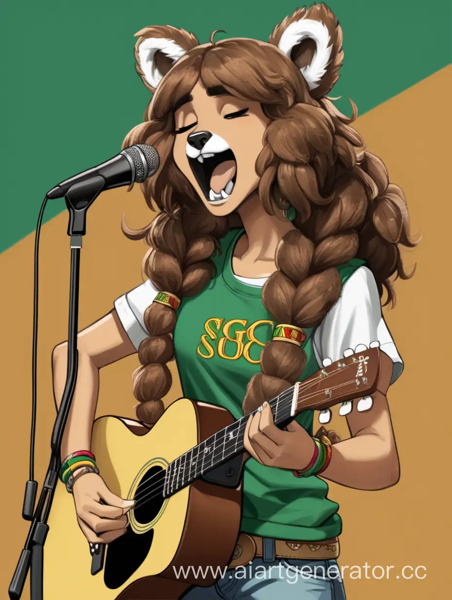 фурри рэгги рэп девочка с коричневыми волосами поет с микрофоном и гитарой в руках 