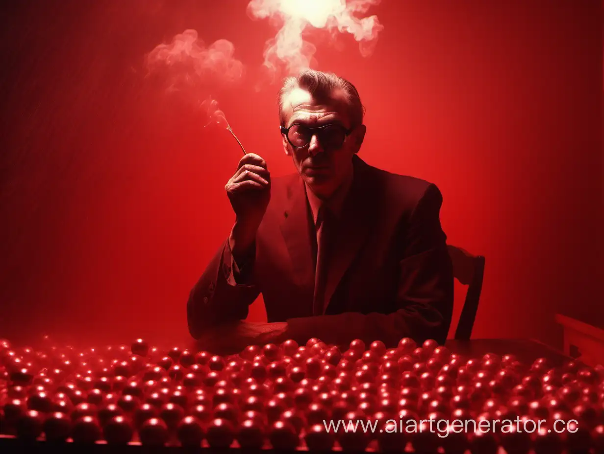 Portrait of Jean-Louis de Feldor in the style of socialist realism of the USSR, Svema film, red soft light, smoke, wet balls for glasses, surreal background