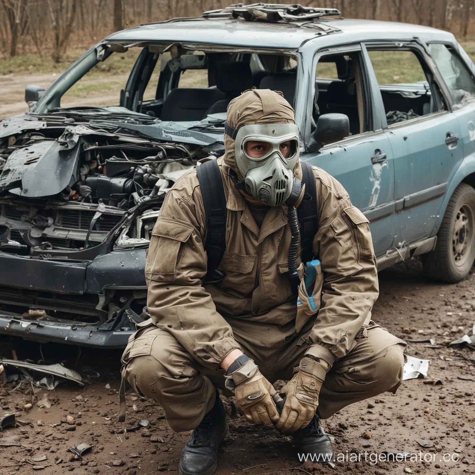 Автомобиль разбитая машина авария спецназовец человек в маске