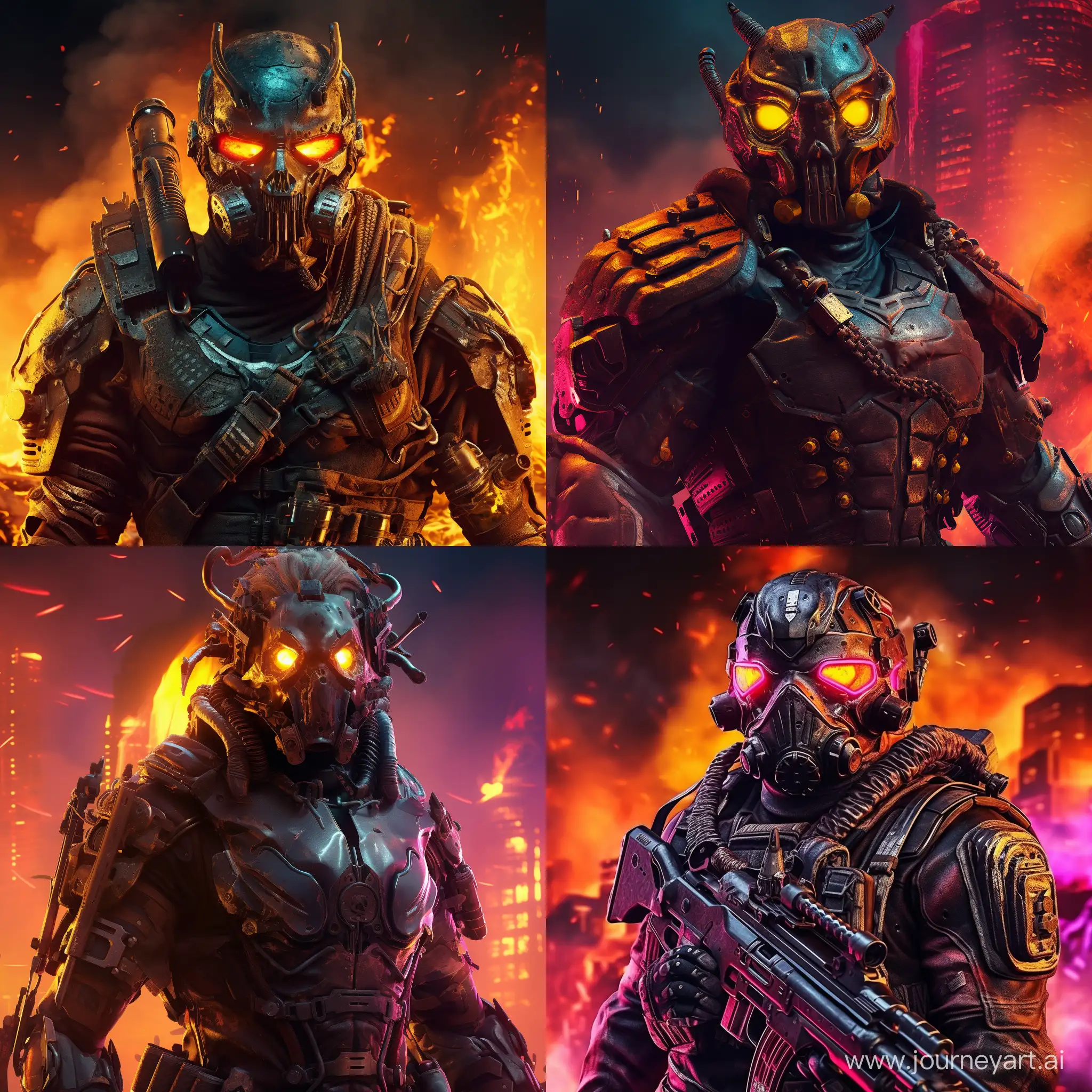 солдат будущего в железной маске-противогаз, оружие щит, дробовик, киберпанк, неон, дым, фон горящий, разрушенный город, стиль картинки классика