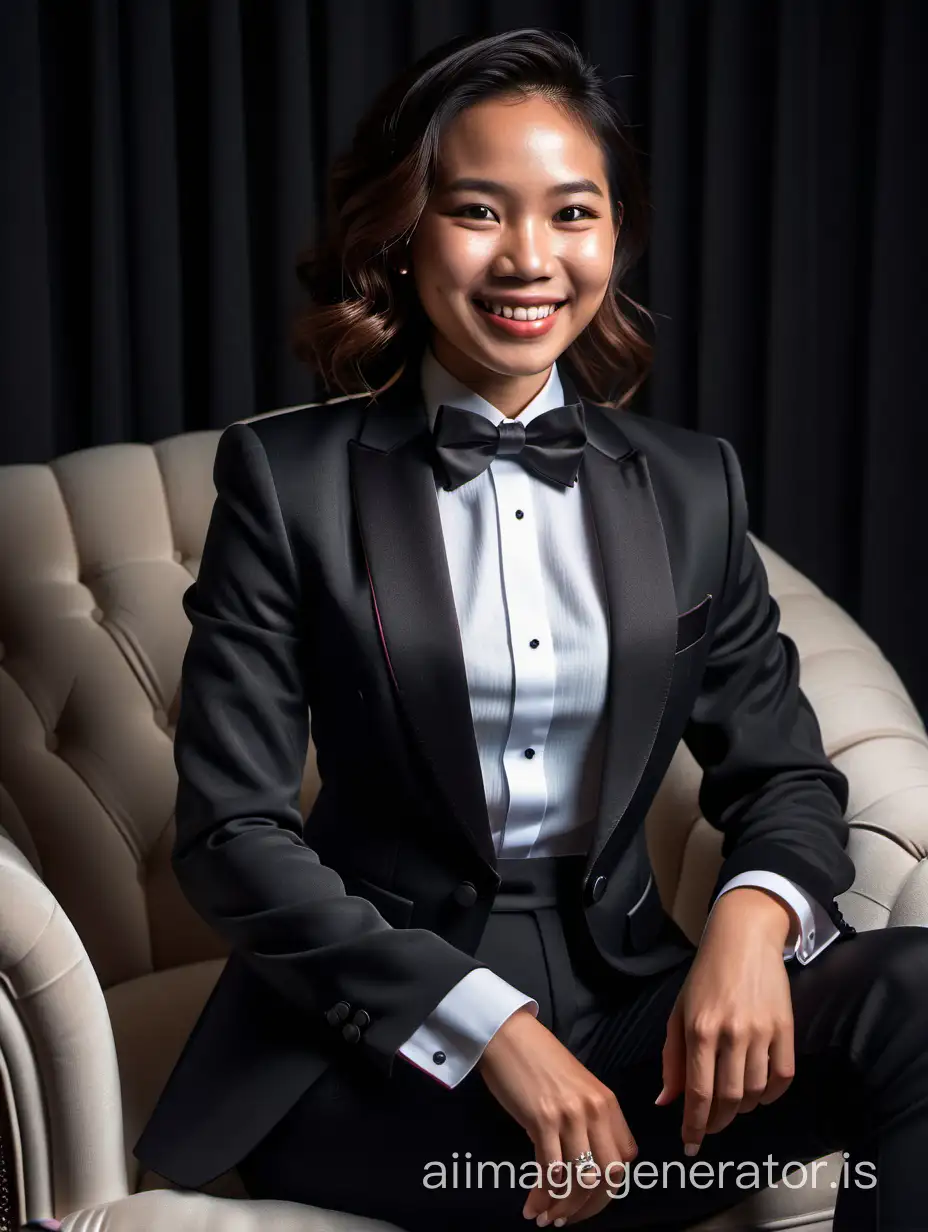 A smiling and laughing dark skinned thai woman with shoulder length hair is wearing a tuxedo.  She is sitting in a plush chair in a darkened room.  Her jacket is black.  Her jacket is open.  Her pants are black.  Her bowtie is black.  Her shirt is white with black cufflinks.  She is wearing lipstick.
