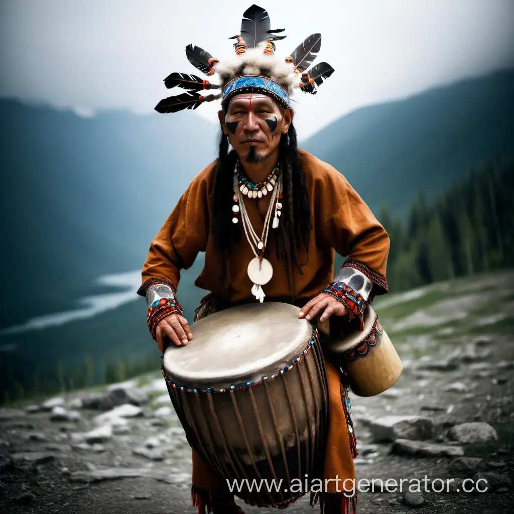 Shaman-in-Traditional-Attire-Playing-Drum