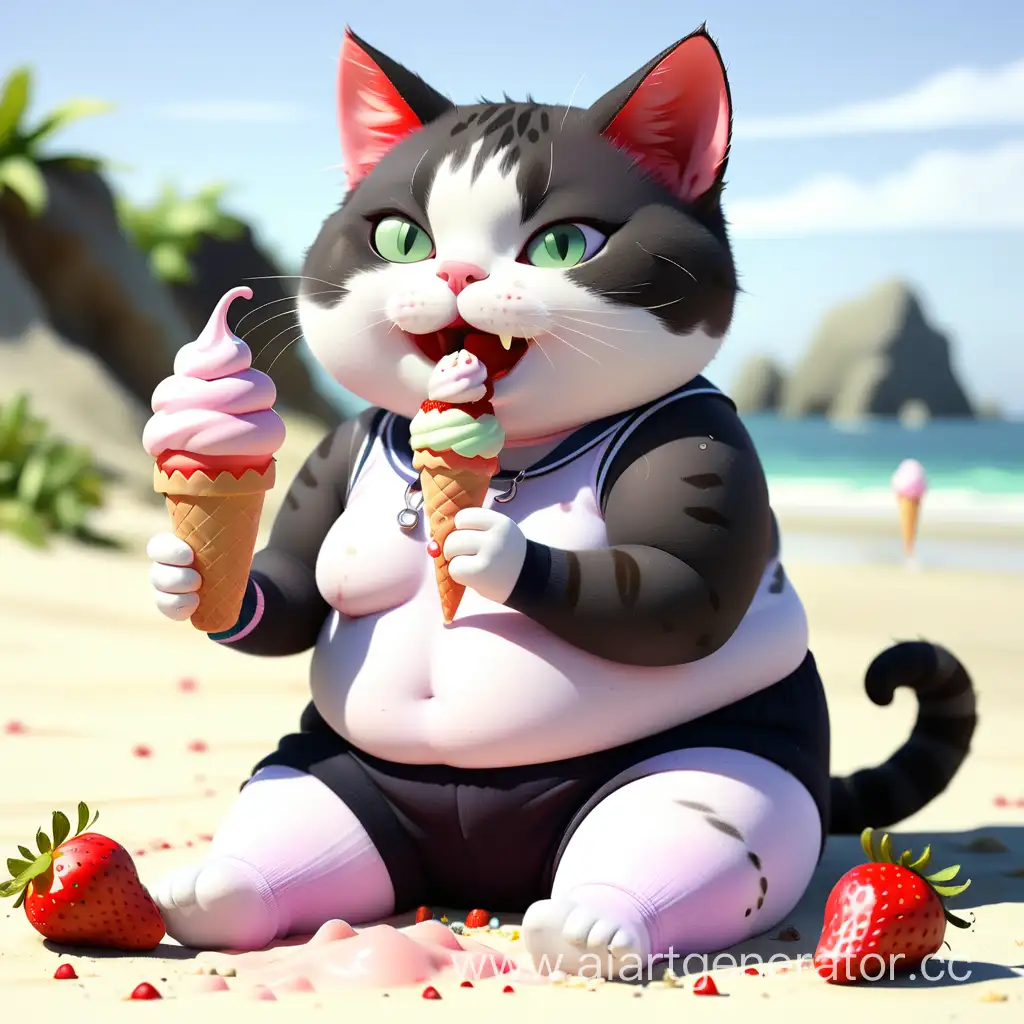 Adorable-Boy-and-Cat-Enjoying-Strawberry-Ice-Cream-by-the-Sea