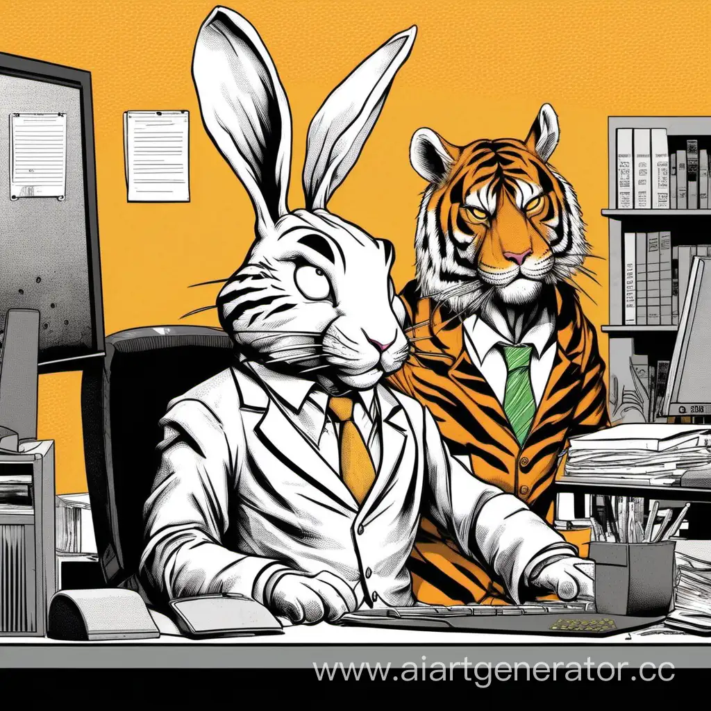Белый кролик работает в офисе тестировщиком за компьютером, а за спиной стоит грозный начальник Тигр