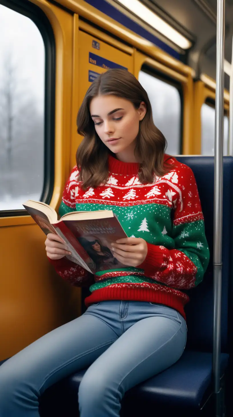 Brunette Model in Christmas Sweater Reading Book on Train Kodak Gold 400 Film
