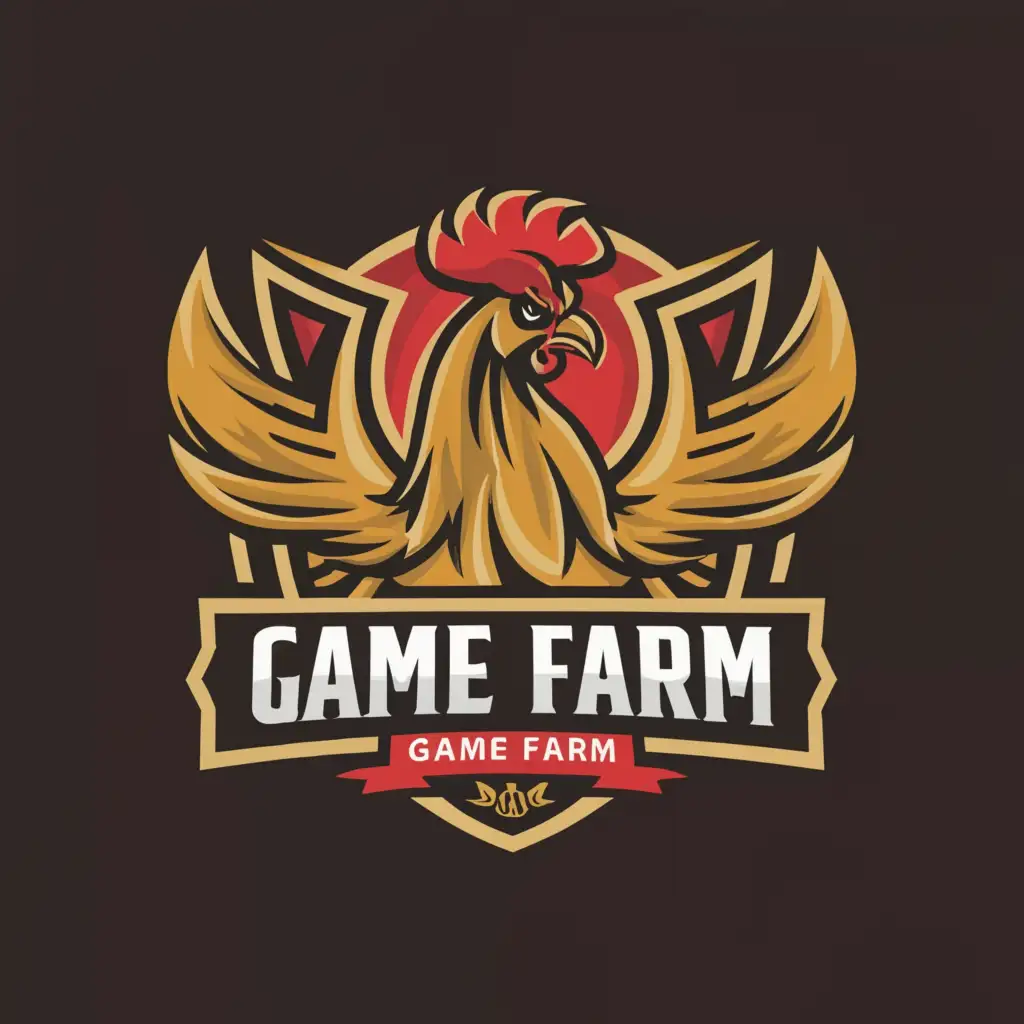 a logo design,with the text "SKM GAME FARM", main symbol:LOGO Design Farm Majestic Fighting Cock Emblem with Protective Shield and Bold Typography,Moderate,clear background