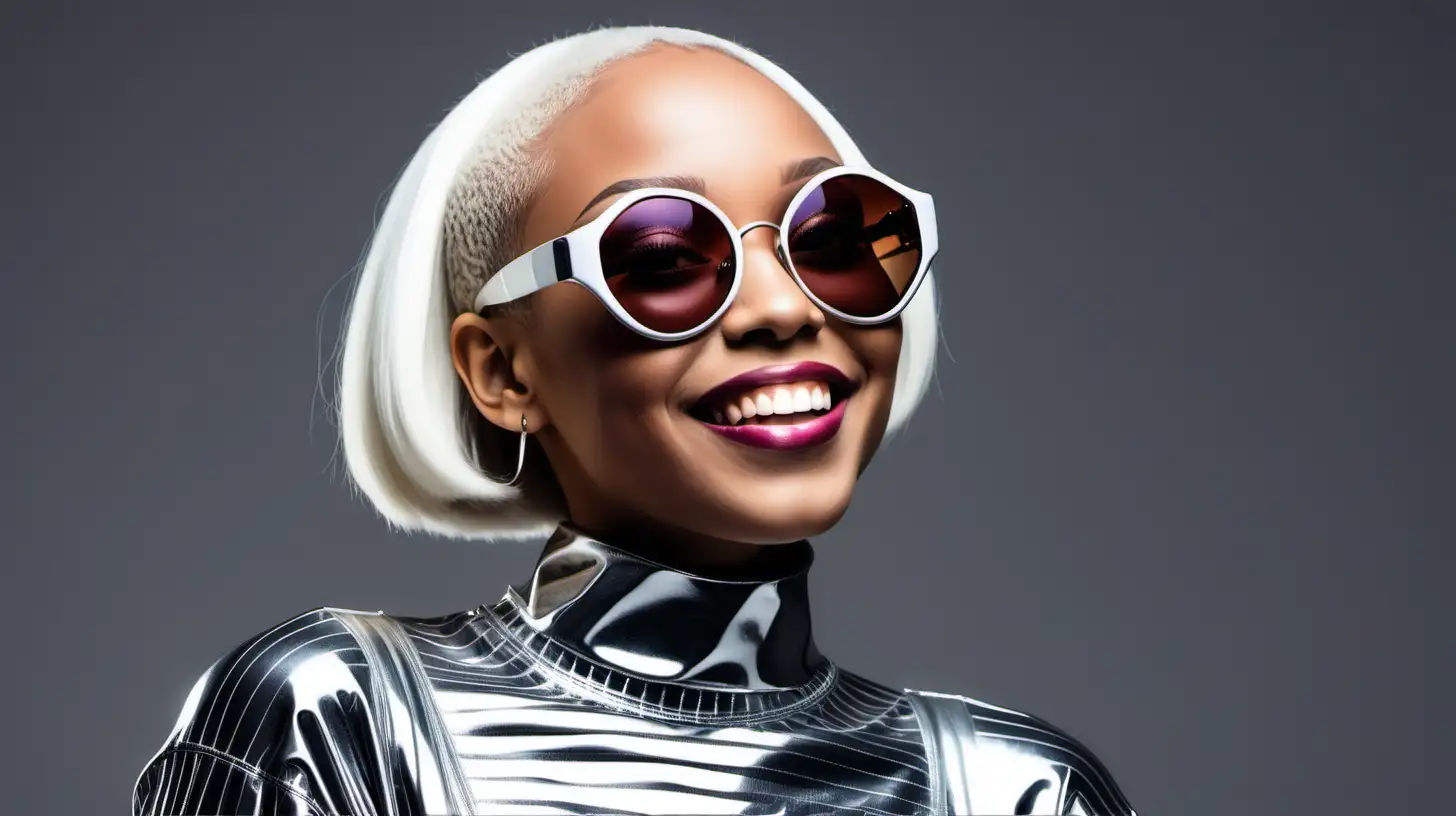 Smiling Beautiful young light skinned African lady hot music single album cover. Dressed in futuristic outfit, stylish short bob hairstyle and sunglasses