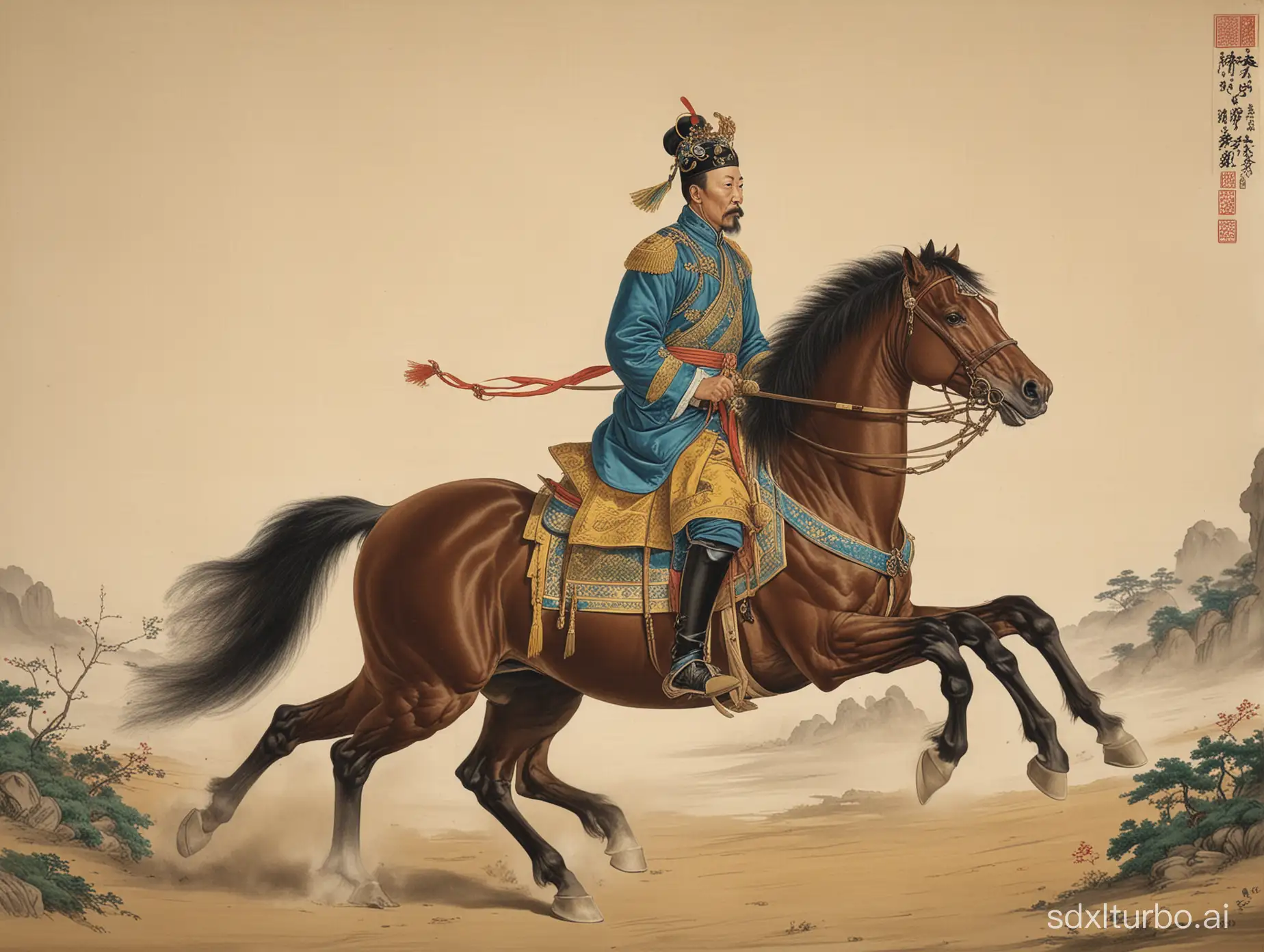 A general of the Qing Dynasty rides on horseback.