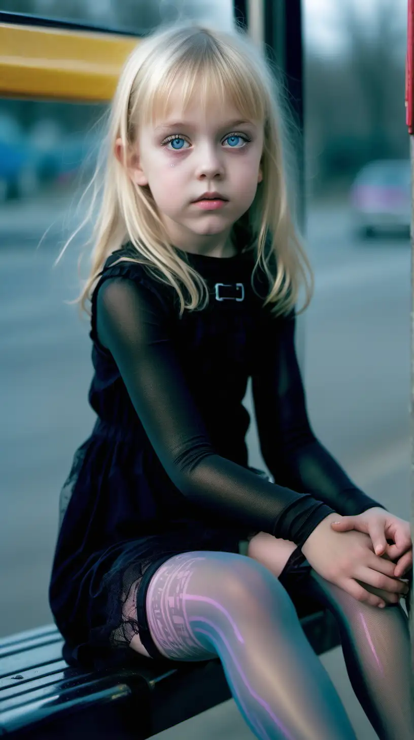 Gothic Little Girl in Transparent Attire with Mom at Bus Stop