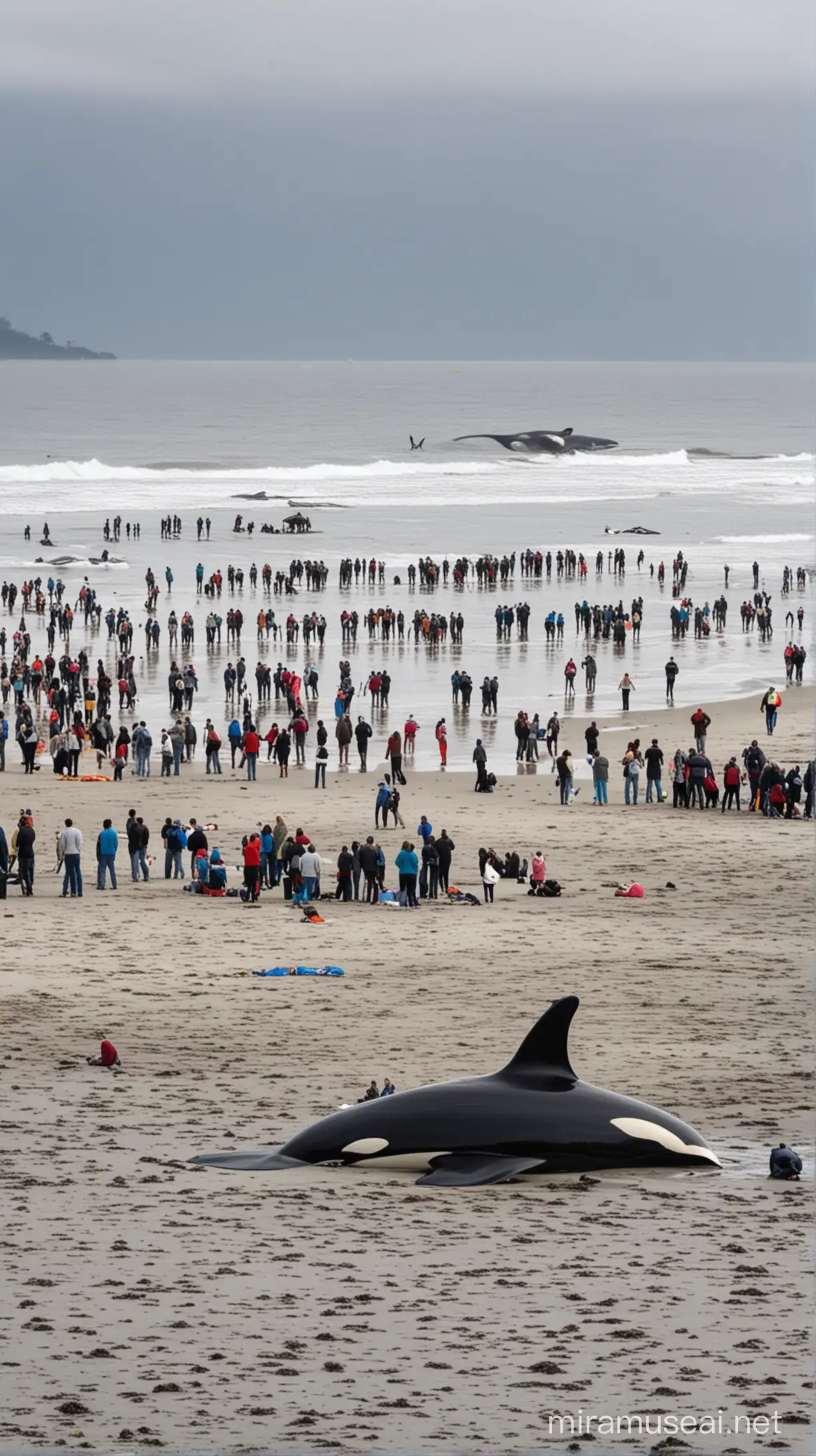 orca whale stranded on the beach, look many people, 