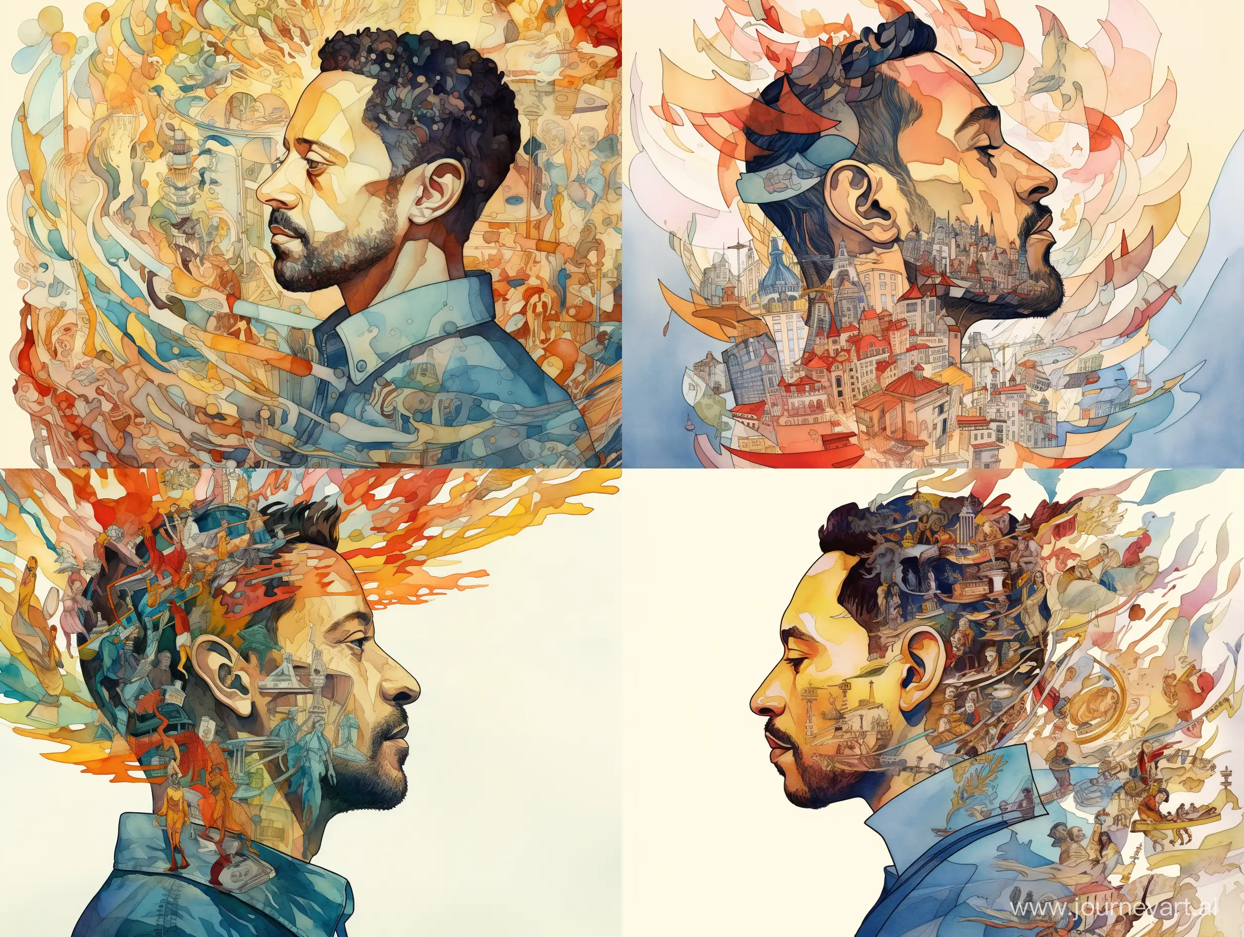 Portrait of Will Smith in profile, with a crown on his head, against the background of characters from films, on a white background, caricature, watercolor, in detail, impressionism style, Victo Ngai
