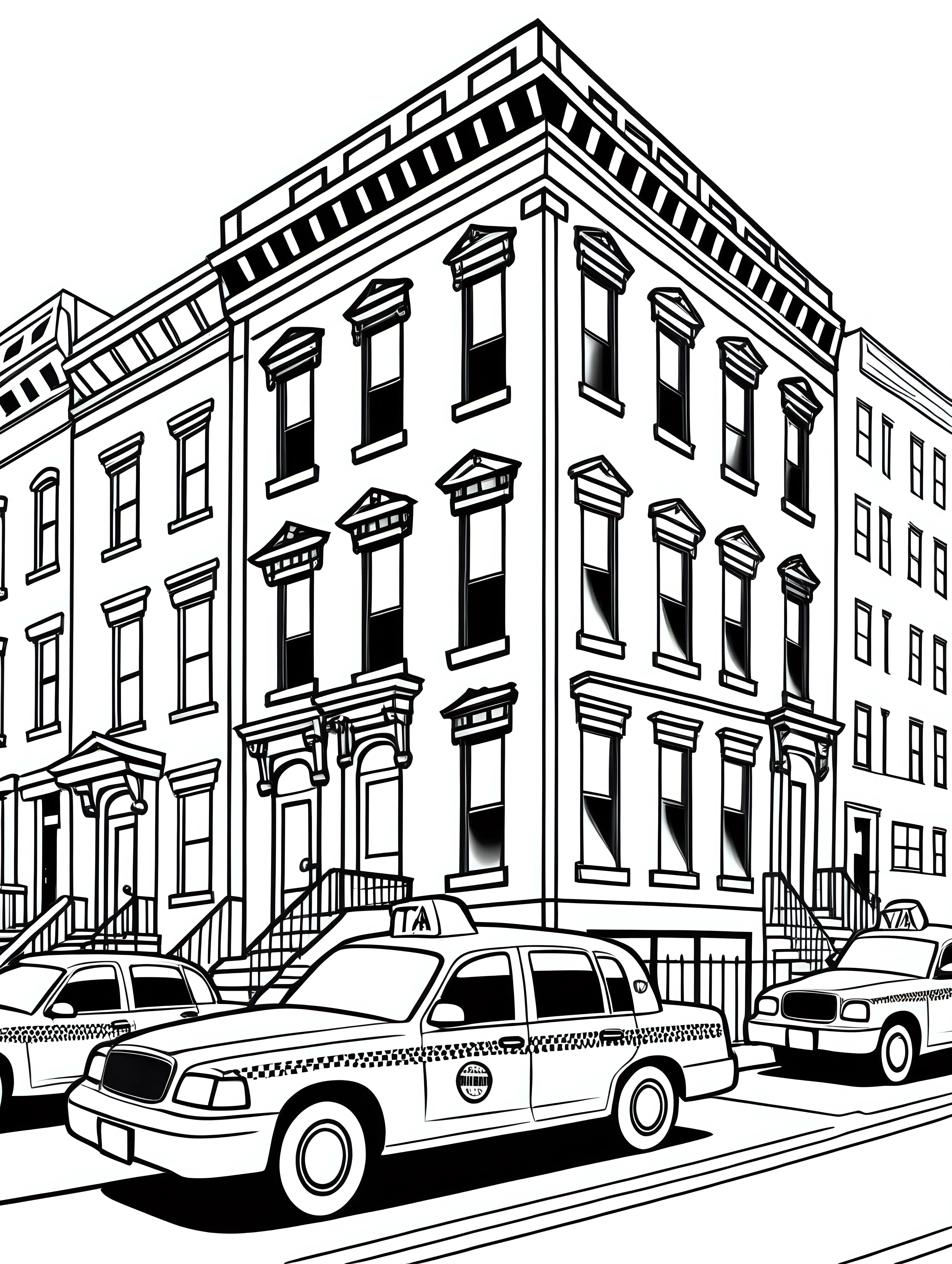 New York City Coloring Book Page with Townhouse and Taxi