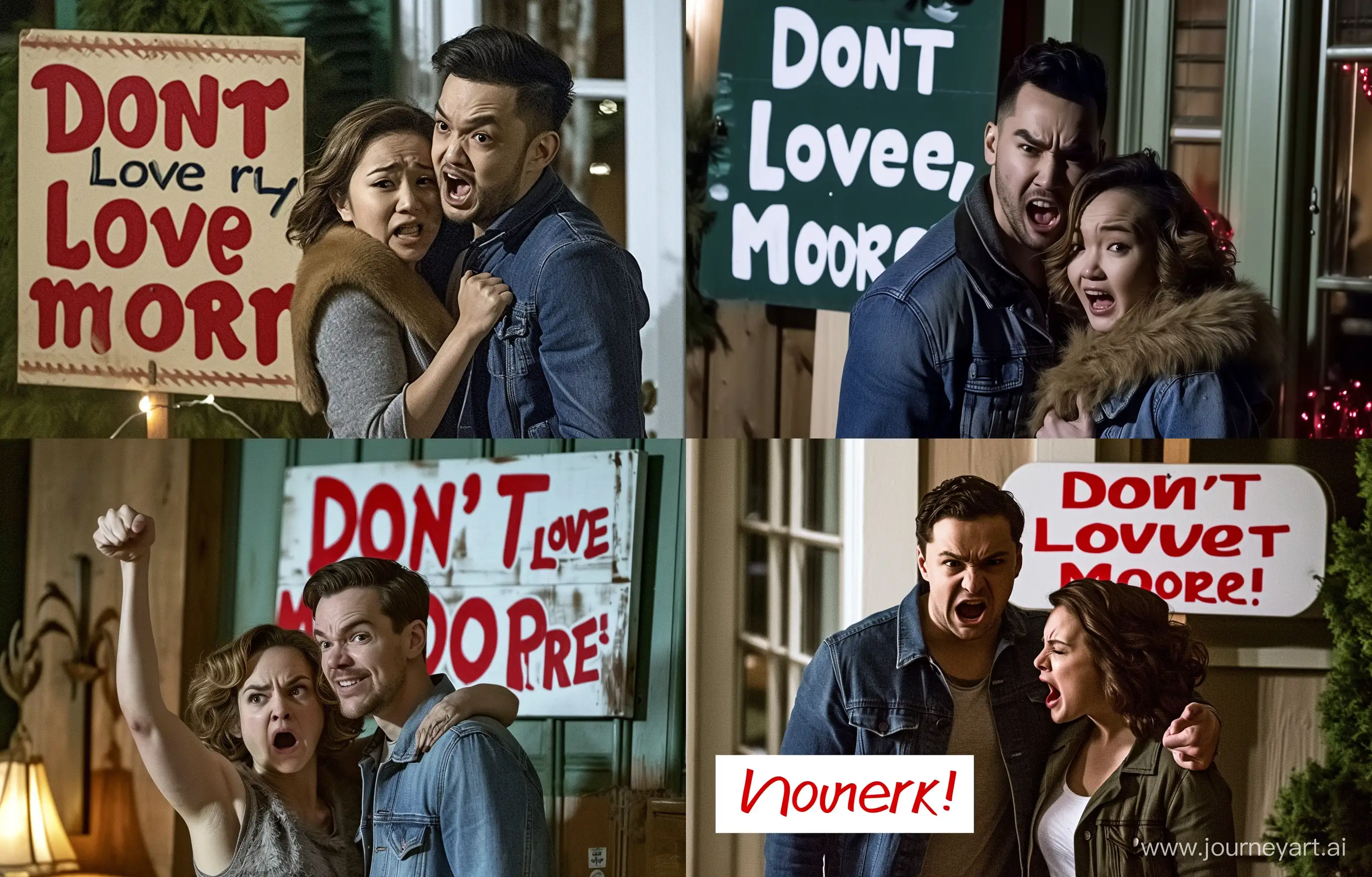 Photo of a man and a woman uncomfortable on their date at their parents' house in front of a sign that says “Don't fight, love more!" --v 6 --ar 14:9
