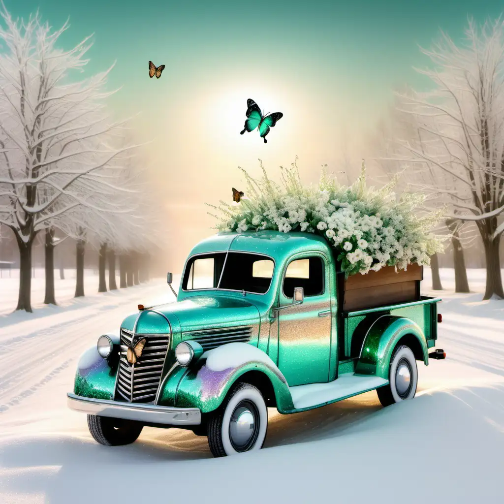 sea foam green old fashion truck, glittersplash, glitter dust, sparkle, in a beautiful winter country setting,  mother of pearl, sun rays, multi colored sky line, snow drop flowers and a butterfly