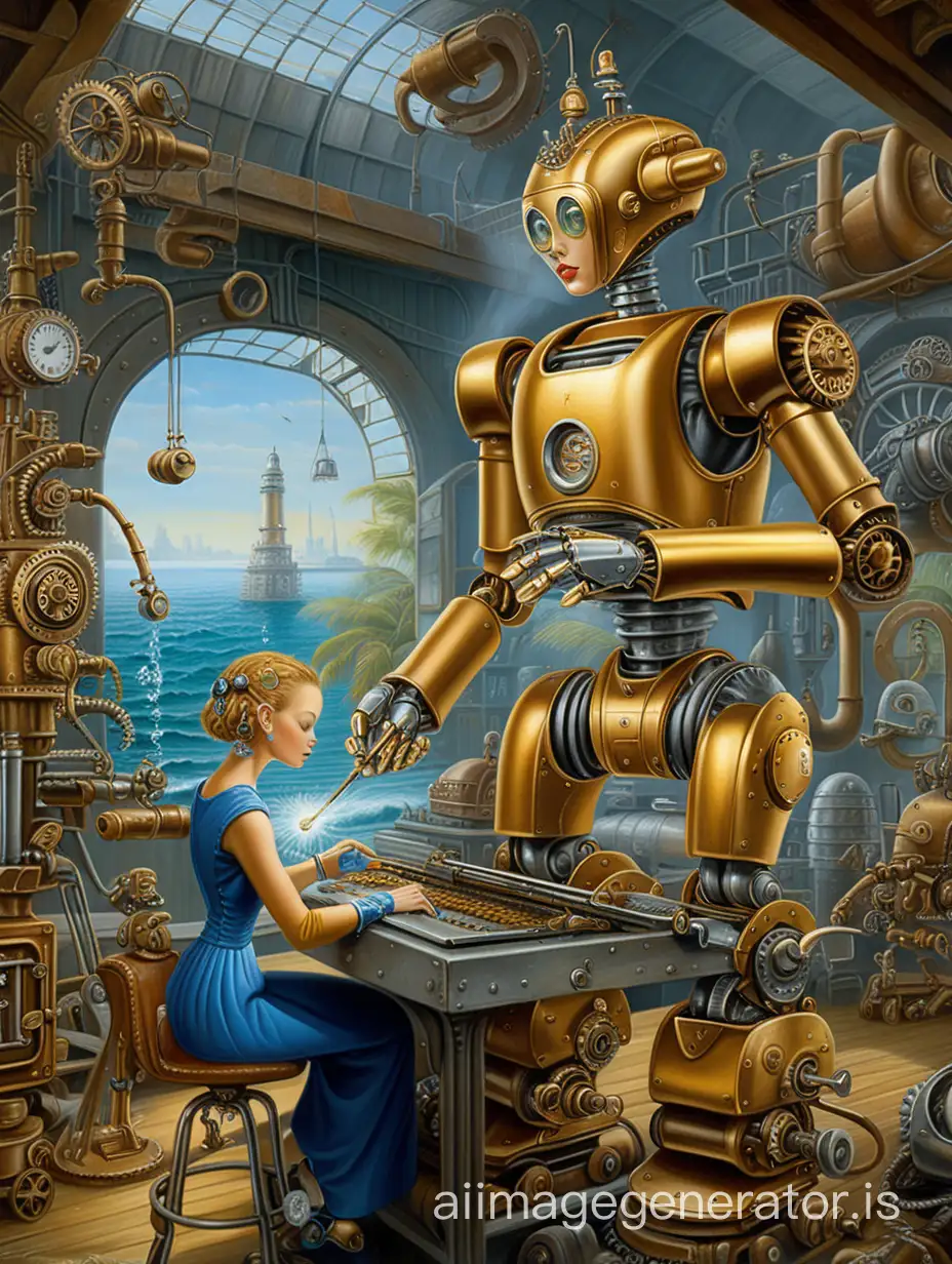 A captivating Decopunk digital painting by Michael Cheval, depicting a golden female robot artist in a futuristic iron foundry turned studio. The artist is meticulously painting a scene of a nature ocean jungle, using metal brushes to create her masterpiece. The background showcases intricate details of the foundry, with gears, pipes, and rusty machinery, while the foreground features the robot artist and her canvas. The overall atmosphere is a fusion of industrial and organic elements, with a touch of vintage charm and a focus on metallic textures.