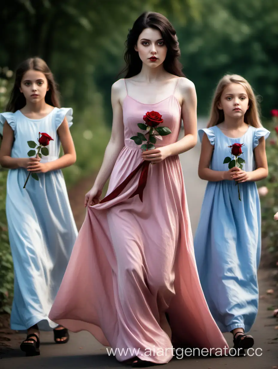 A grow girl with dark hair holds an rose in her hands followed by girls in long dresses