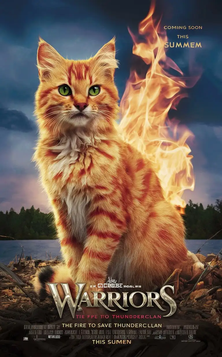 Create a cinematic and super realistic movie poster based on: Firestar is a bright flame-colored tabby tom with emerald-green eyes. Firestar was a leader of ThunderClan in the forest and the lake territories. He was prophesied as the "fire to save ThunderClan."  Movie title :Warriors, subtitle :the fire to save Thunderclan. Add a typical movie banner: coming soon this summer