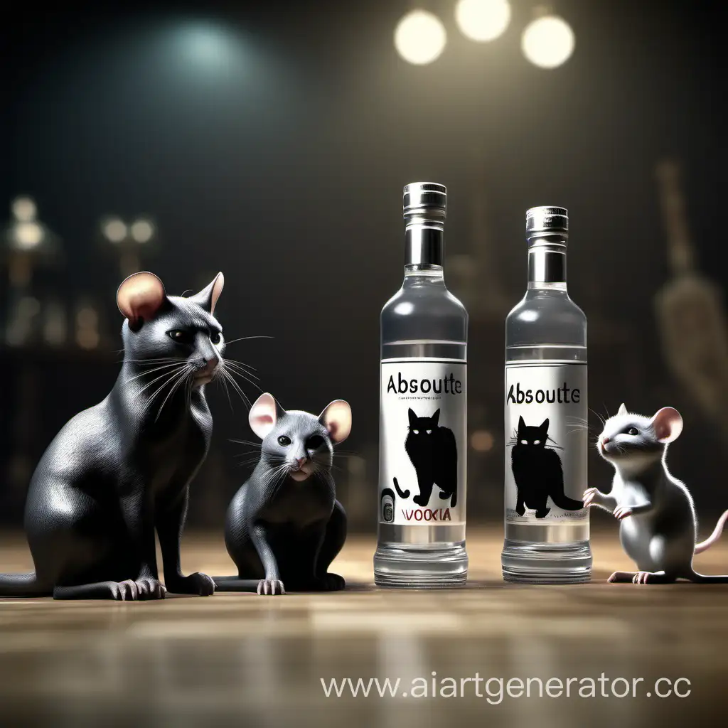три белых мыши в черных кожаных куртках пьют водку из стопок,  рядом на полу стоит  одна бутылка водки "Absotute", сзади размытым фоном виднеется большая морда черного кота, гиперреалистичная, сверхдетализированная, 8k, высокое качество, трендовое искусство