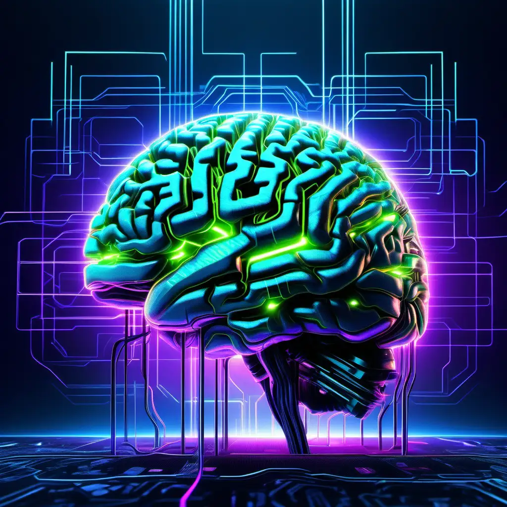 Futuristic AI Brain with Bioluminescent Circuitry and Cyberpunk Aesthetic